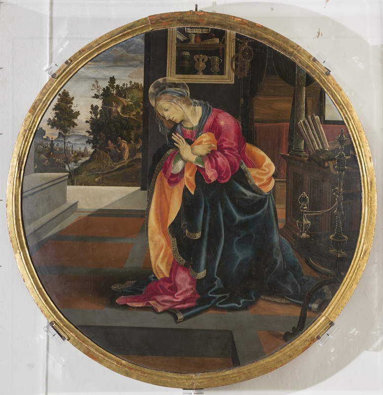 Filippino Lippi, Vergine annunciata (1483-1484; dipinto su tavola, diametro 110 cm, San Gimignano, Museo Civico) Filippino Lippi, Vergine annunciata (1483-1484; dipinto su tavola, diametro 110 cm, San Gimignano, Museo Civico)