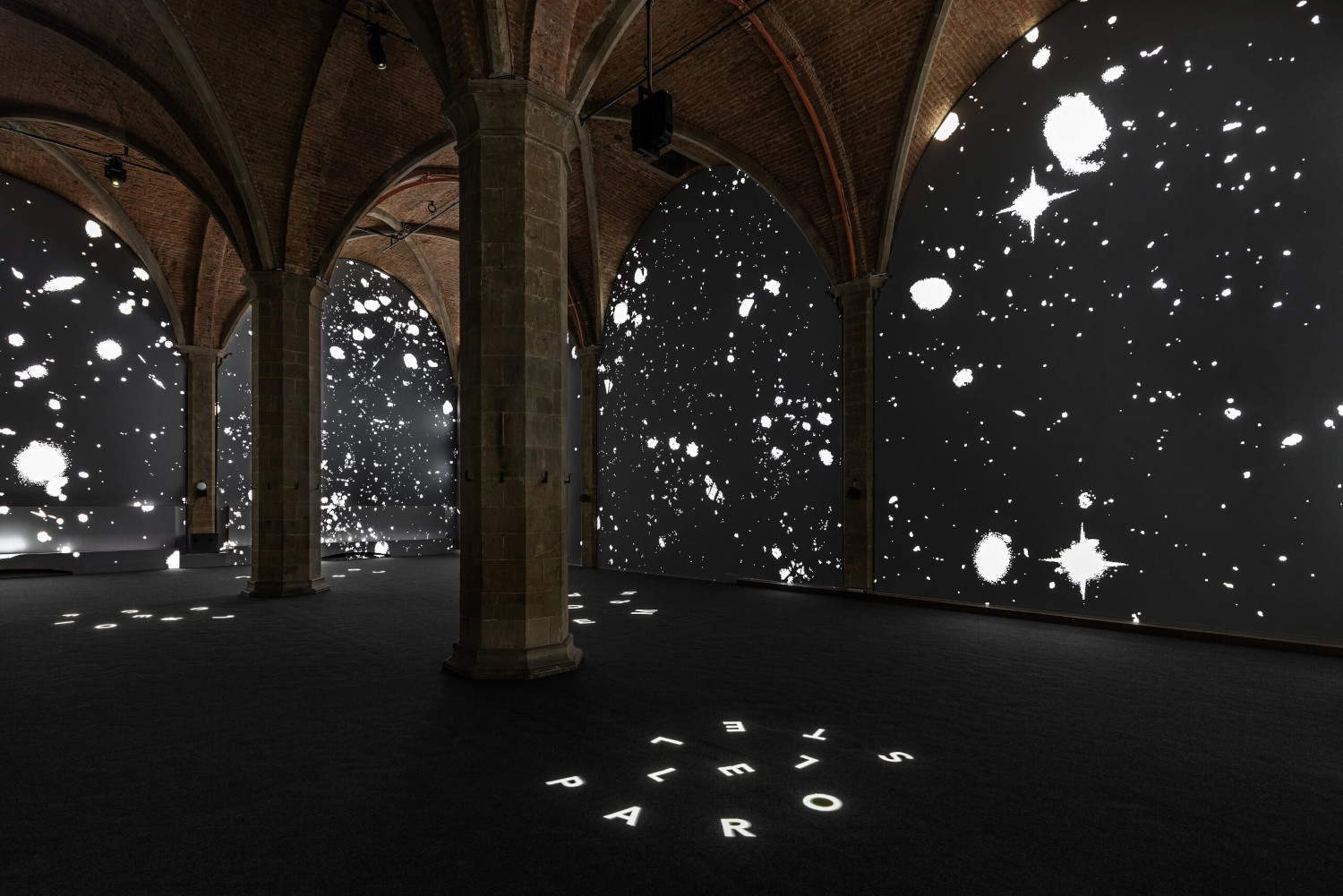 Florenz, Blumen und Sternenhimmel in einer großen Videoinstallation in der Sala d'Arme im Palazzo Vecchio