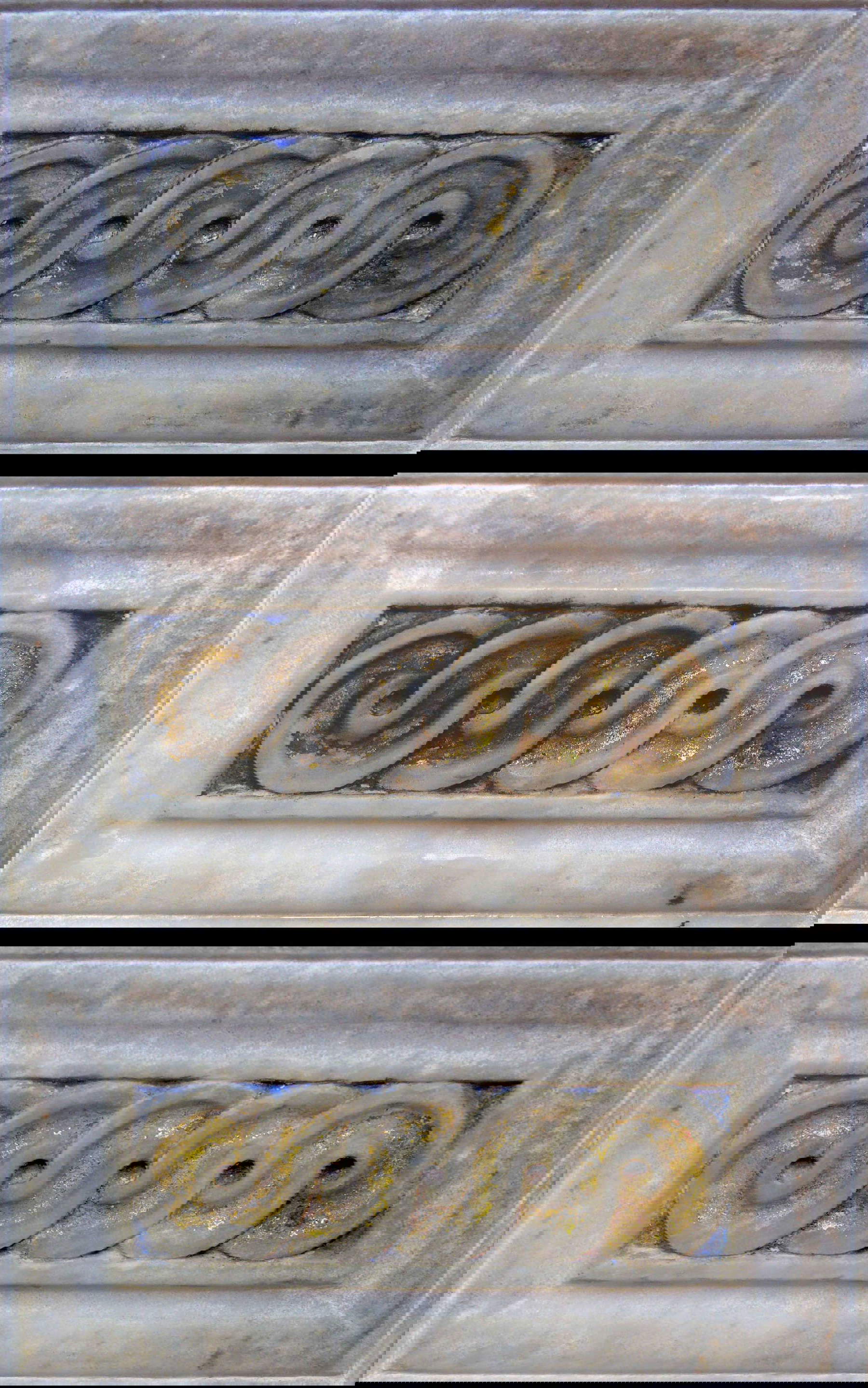 Particolare del tabernacolo prima, durante e dopo la pulitura delle cromie. Foto OPD (Camilla Mancini)