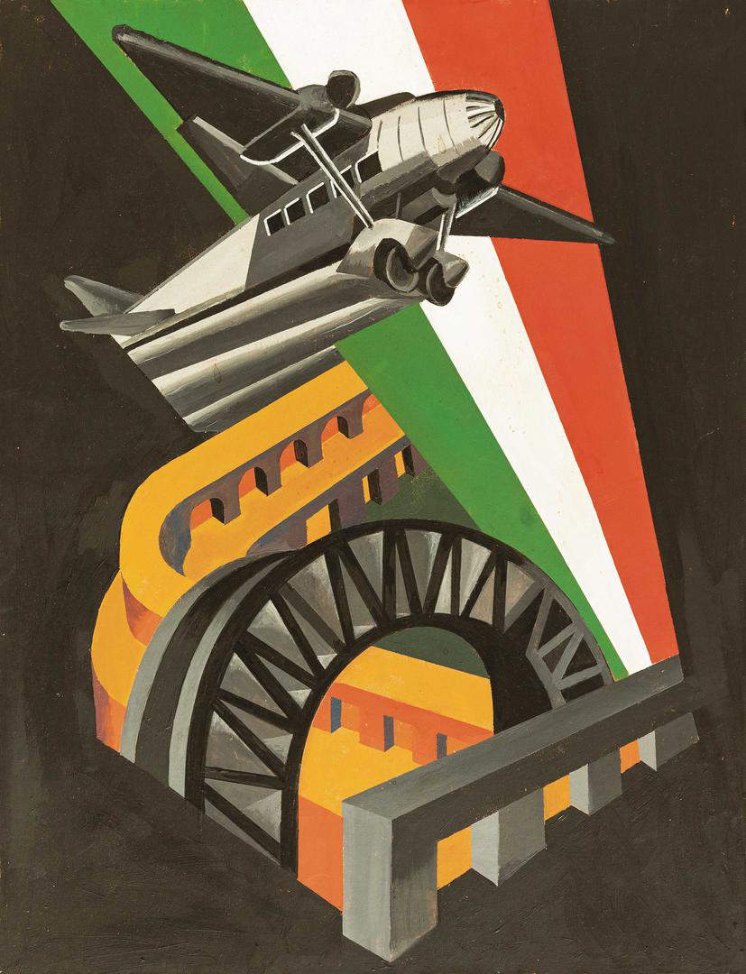 Fortunato Depero, Volo tricolore (1934; Öl auf gepresstem Karton, 50,9 x 66,3 cm) Fortunato Depero, Volo tricolore (1934; Öl auf gepresstem Karton, 50,9 x 66,3 cm)