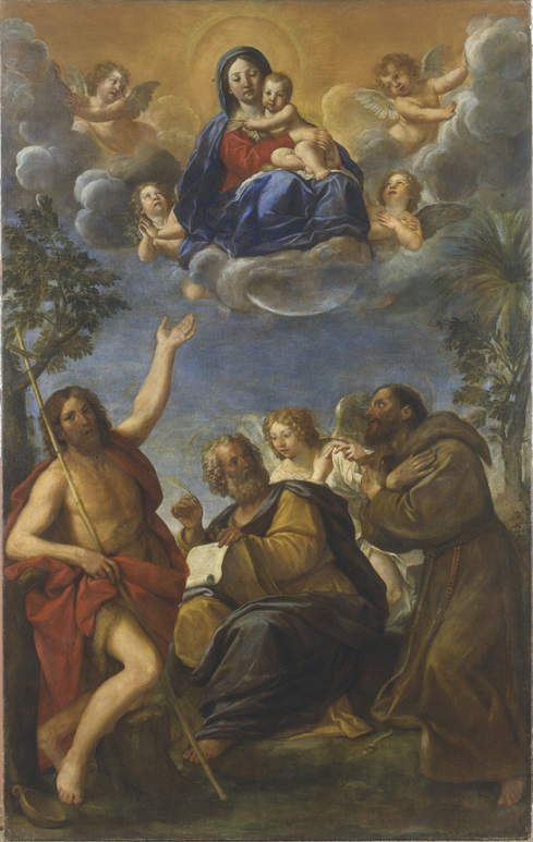 Francesco Albani, Madonna mit Kind, Johannes dem Täufer, Matthäus und Franz von Assisi (1639-1643; Öl auf Leinwand, 330 x 207 cm; Bologna, Pinacoteca Nazionale) Francesco Albani, Madonna mit Kind, Johannes dem Täufer, Matthäus und Franz von Assisi (1639-1643; Öl auf Leinwand, 330 x 207 cm; Bologna, Pinacoteca Nazionale)