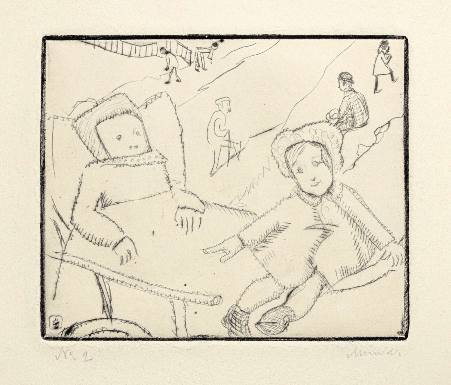 Gabriele Münter, Niños que esperan (c. 1910; aguafuerte sobre papel, 8,2 × 9,9 cm; Colección Werner Coninx, en préstamo permanente en el Museo Comunale d'Arte Moderna Ascona) © 2024, ProLitteris, Zúrich Gabriele Münter, Niños que esperan (c. 1910; aguafuerte sobre papel, 8,2 × 9,9 cm; Colección Werner Coninx, en préstamo permanente en el Museo Comunale d'Arte Moderna Ascona) © 2024, ProLitteris, Zúrich