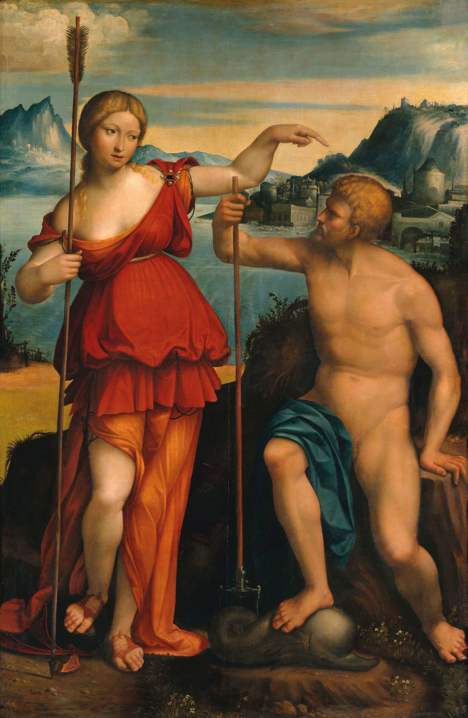 Benvenuto Tisi detto Garofalo, Minerva e Nettuno (Allegoria di Alfonso I) (1512; olio su tavola, 211 x 140 cm; Dresda, Staatliche Kunstsammlungen, Gemäldegalerie Alte Meister) Benvenuto Tisi detto Garofalo, Minerva e Nettuno (Allegoria di Alfonso I) (1512; olio su tavola, 211 x 140 cm; Dresda, Staatliche Kunstsammlungen, Gemäldegalerie Alte Meister)