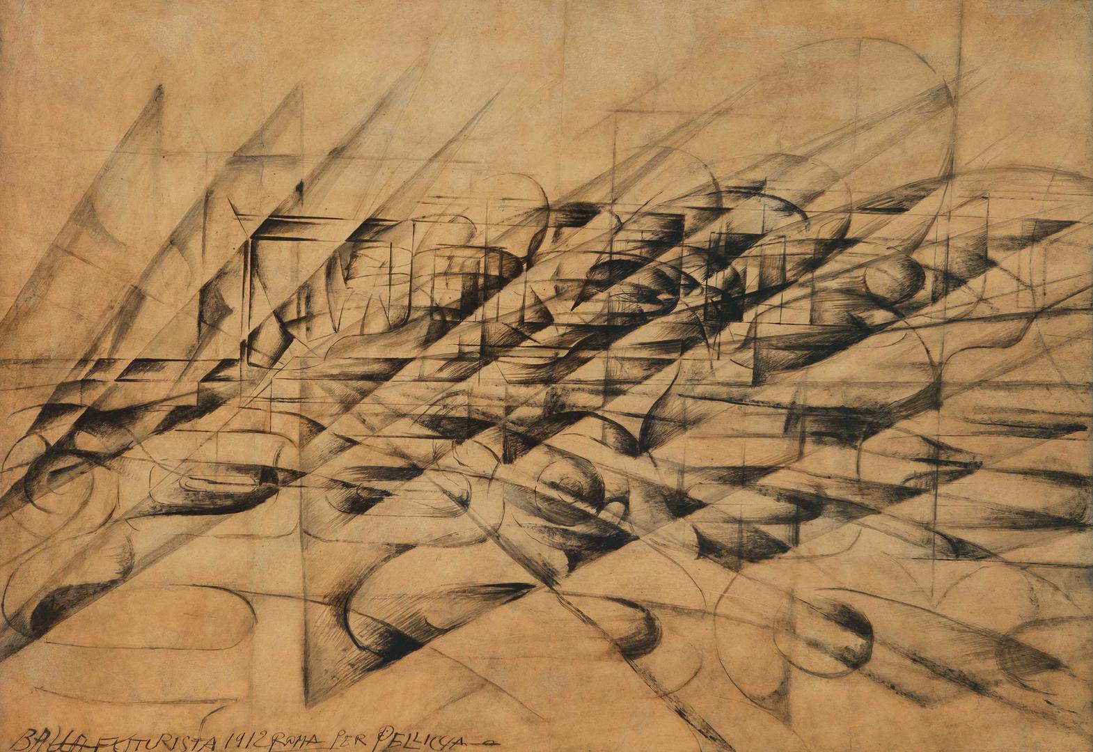 Giacomo Balla, Disgregation X Speed Dynamic Penetrations of Automobiles (1913; Aquarell, Tempera, Bleistift und Tinte auf Papier, 67,7 x 95,7 cm) Giacomo Balla, Disgregation X Speed Dynamic Penetrations of Automobiles (1913; Aquarell, Tempera, Bleistift und Tinte auf Papier, 67,7 x 95,7 cm)
