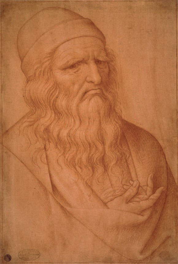 Giovan Ambrogio Figino, Studio per Eraclito esemplato sull&rsquo;Autoritratto di Leonardo da Vinci (1570 circa; pietra rossa, rialzi a gessetto bianco su carta bianca tinteggiata in rosso; Venezia, Gallerie dell&rsquo;Accademia, Gabinetto Disegni e Stampe, inv. 834)