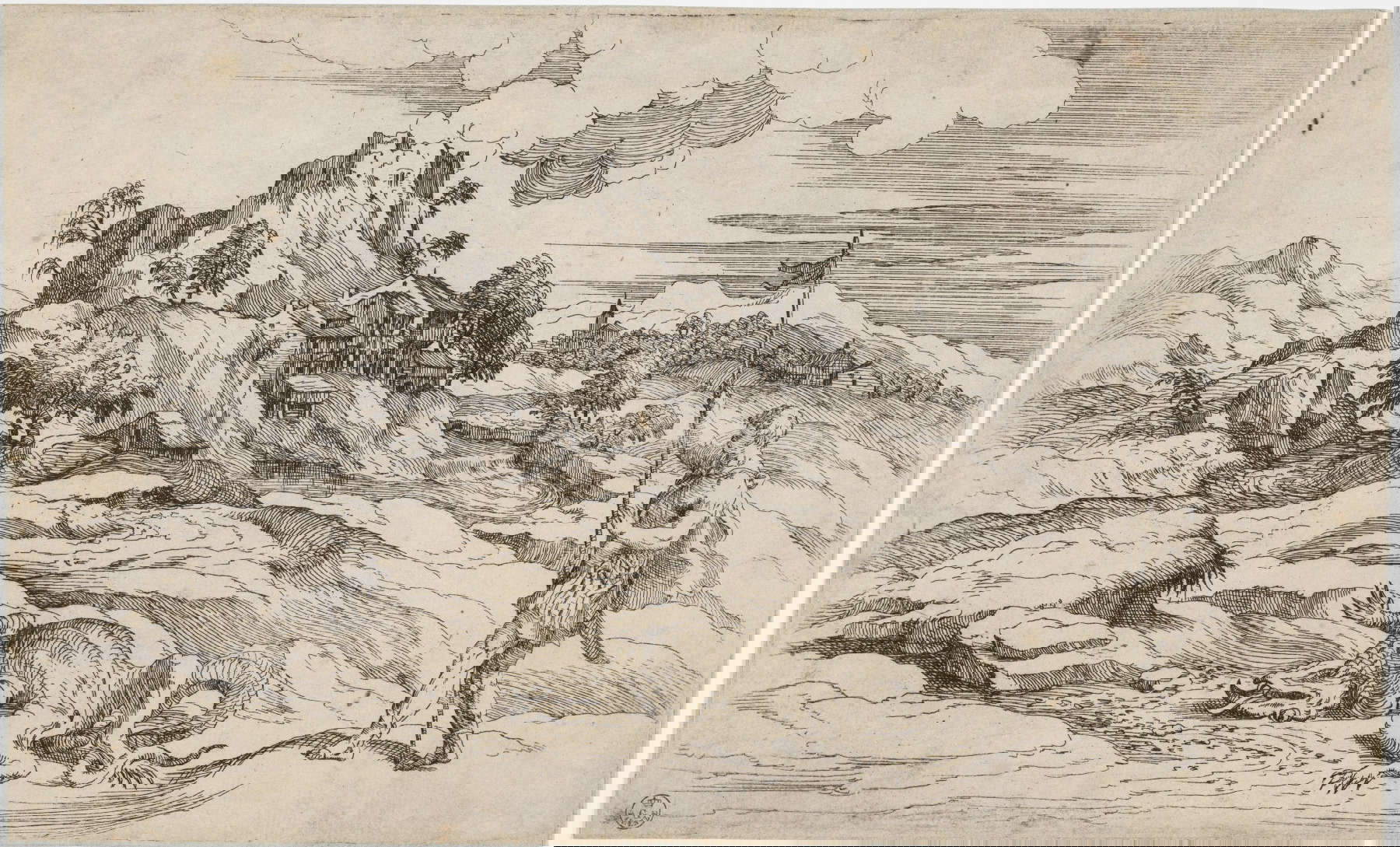 Giovanni Battista D'Angolo, genannt del Moro, aus Tizian, Landschaft mit dem heiligen Theodor und dem Drachen (1560-1570; Radierung; Florenz, Uffizien, Kabinett der Zeichnungen und Drucke) Giovanni Battista D'Angolo, genannt del Moro, aus Tizian, Landschaft mit dem heiligen Theodor und dem Drachen (1560-1570; Radierung; Florenz, Uffizien, Kabinett der Zeichnungen und Drucke)