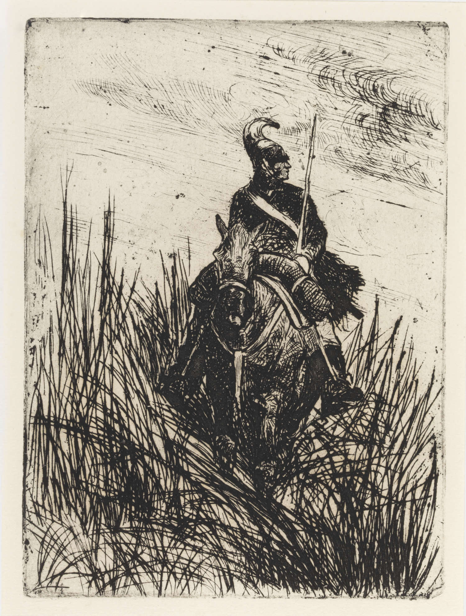 Giovanni Fattori, Erkundung (um 1907; Radierung, 195 x 143 mm; Bergamo, Fondazione Accademia Carrara) Giovanni Fattori, Erkundung (um 1907; Radierung, 195 x 143 mm; Bergamo, Fondazione Accademia Carrara)