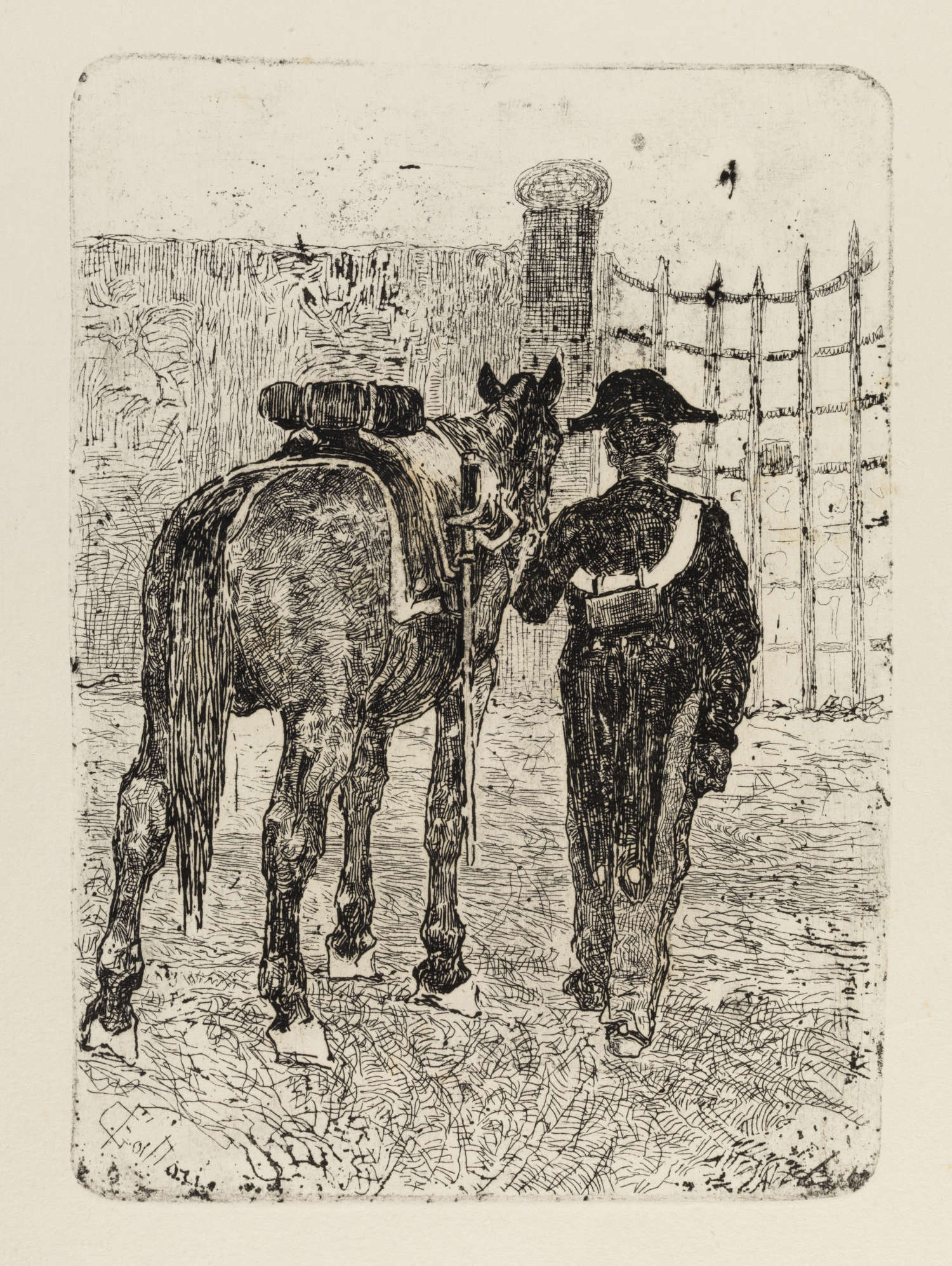 Giovanni Fattori, Rückkehr in die Kaserne (um 1907; Radierung, 188 x 136 mm; Bergamo, Fondazione Accademia Carrara) Giovanni Fattori, Rückkehr in die Kaserne (um 1907; Radierung, 188 x 136 mm; Bergamo, Fondazione Accademia Carrara)
