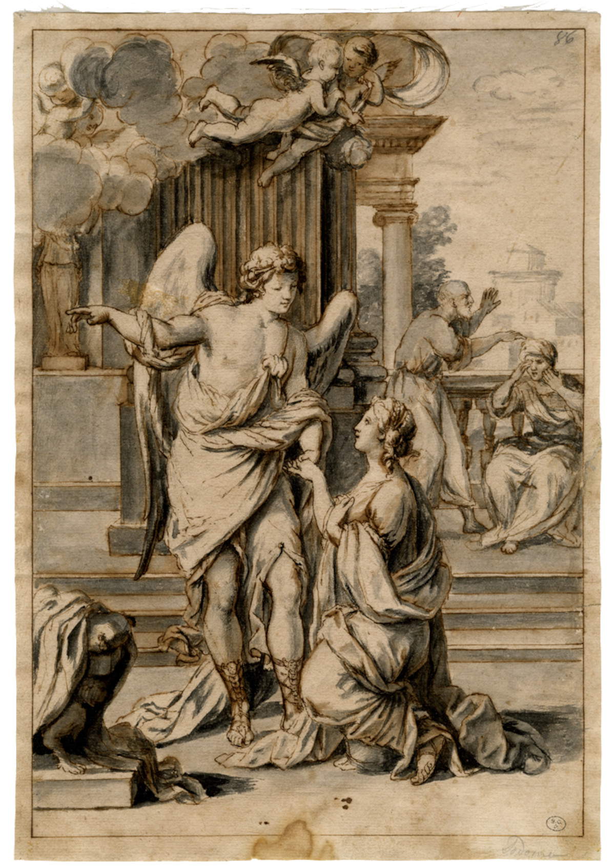 Giovanni Lazzarini, Studio per la santa Illuminata e l’angelo (Pala di Massa Martana) (matita nera, penna e inchiostro bruno, pennello e inchiostro bruno e grigio diluito su carta, 349 x 242 mm; Pesaro, Biblioteca Oliveriana)