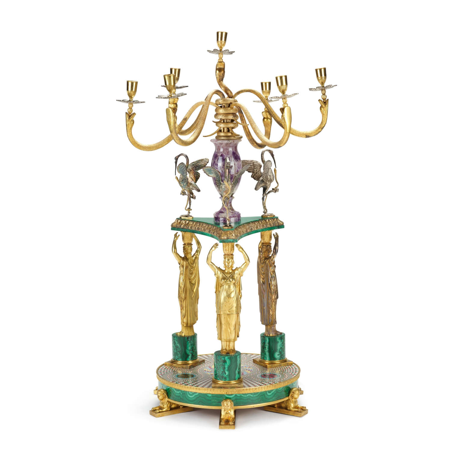 Francesco Sibilio y Giacomo Raffaelli (attr.), Candelabro italiano de siete luces en bronce dorado y metal plateado con girándula de piedra dura (c. 1790-1800; malaquita, mosaico, piedra dura, bronce dorado, plata, 79 x 36 x 44 cm) Francesco Sibilio y Giacomo Raffaelli (attr.), Candelabro italiano de siete luces en bronce dorado y metal plateado con girándula de piedra dura (c. 1790-1800; malaquita, mosaico, piedra dura, bronce dorado, plata, 79 x 36 x 44 cm)