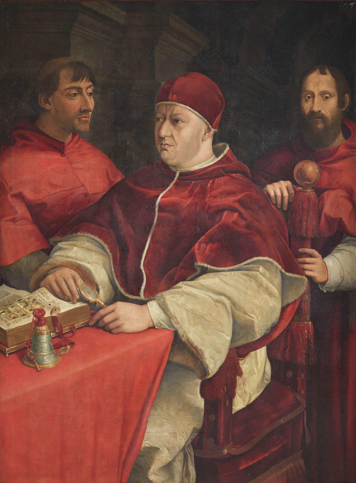 Giuliano Bugiardini, Léon X avec les cardinaux Giulio de' Medici et Innocenzo Cybo (huile sur toile ; Rome, Galleria Nazionale d'Arte Antica di Palazzo Barberini) Giuliano Bugiardini, Léon X avec les cardinaux Giulio de' Medici et Innocenzo Cybo (huile sur toile ; Rome, Galleria Nazionale d'Arte Antica di Palazzo Barberini)