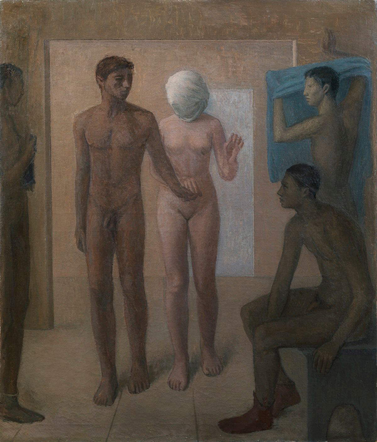 Giuseppe Capogrossi, Il vestibolo (Donna bendata, lo spogliatoio degli uomini) (1932; olio su tela; Roma, Galleria Nazionale d'Arte Moderna e Contemporanea) Giuseppe Capogrossi, Il vestibolo (Donna bendata, lo spogliatoio degli uomini) (1932; olio su tela; Roma, Galleria Nazionale d'Arte Moderna e Contemporanea)