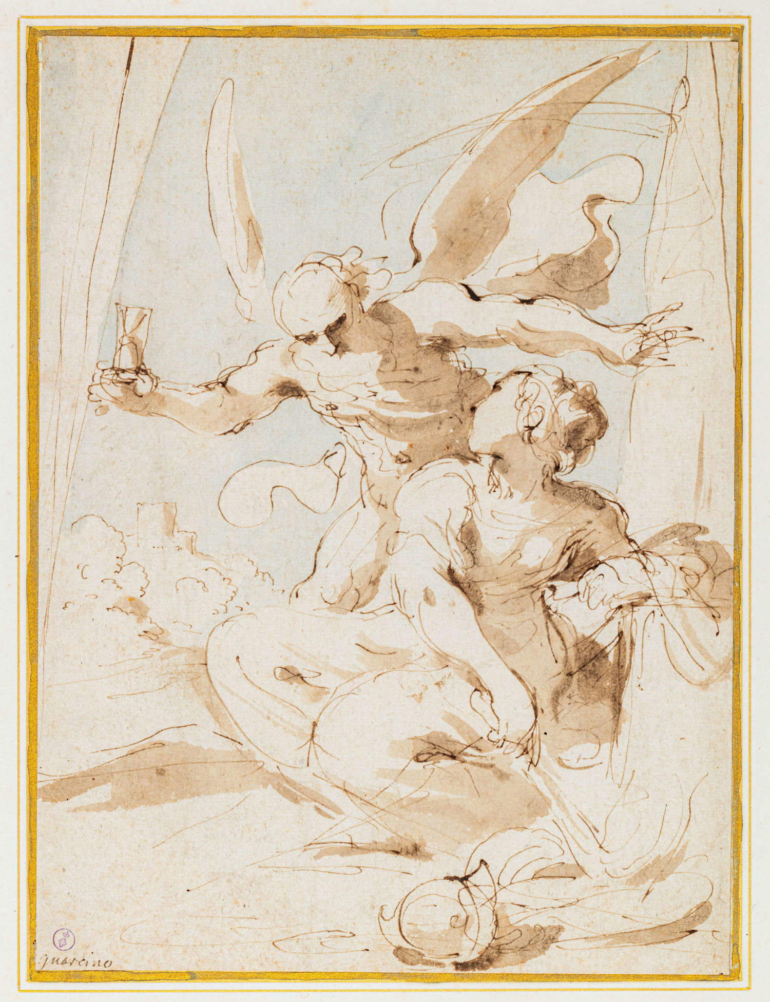 Guercino, Allegorie des Friedens mit der Zeit (ca. 1618-1620; Feder und braun-blaue Aquarellfarbe auf Papier, 240 x 180 mm; Turin, Musei Reali - Biblioteca Reale). Mit Konzession des Kulturministeriums - Musei Reali, Biblioteca Reale / Foto: Paolo Robino Guercino, Allegorie des Friedens mit der Zeit (ca. 1618-1620; Feder und braun-blaue Aquarellfarbe auf Papier, 240 x 180 mm; Turin, Musei Reali - Biblioteca Reale). Mit Konzession des Kulturministeriums - Musei Reali, Biblioteca Reale / Foto: Paolo Robino