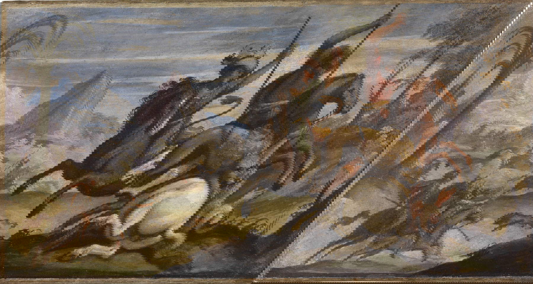 Guercino und Mitarbeiter, Landschaft mit Löwenjagd (1615; Fresko auf Leinwand, 53 x 101 cm; Cento, Civica Pinacoteca il Guercino). Fotografisches Archiv Civica Pinacoteca il Guercino, Cento Guercino und Mitarbeiter, Landschaft mit Löwenjagd (1615; Fresko auf Leinwand, 53 x 101 cm; Cento, Civica Pinacoteca il Guercino). Fotografisches Archiv Civica Pinacoteca il Guercino, Cento