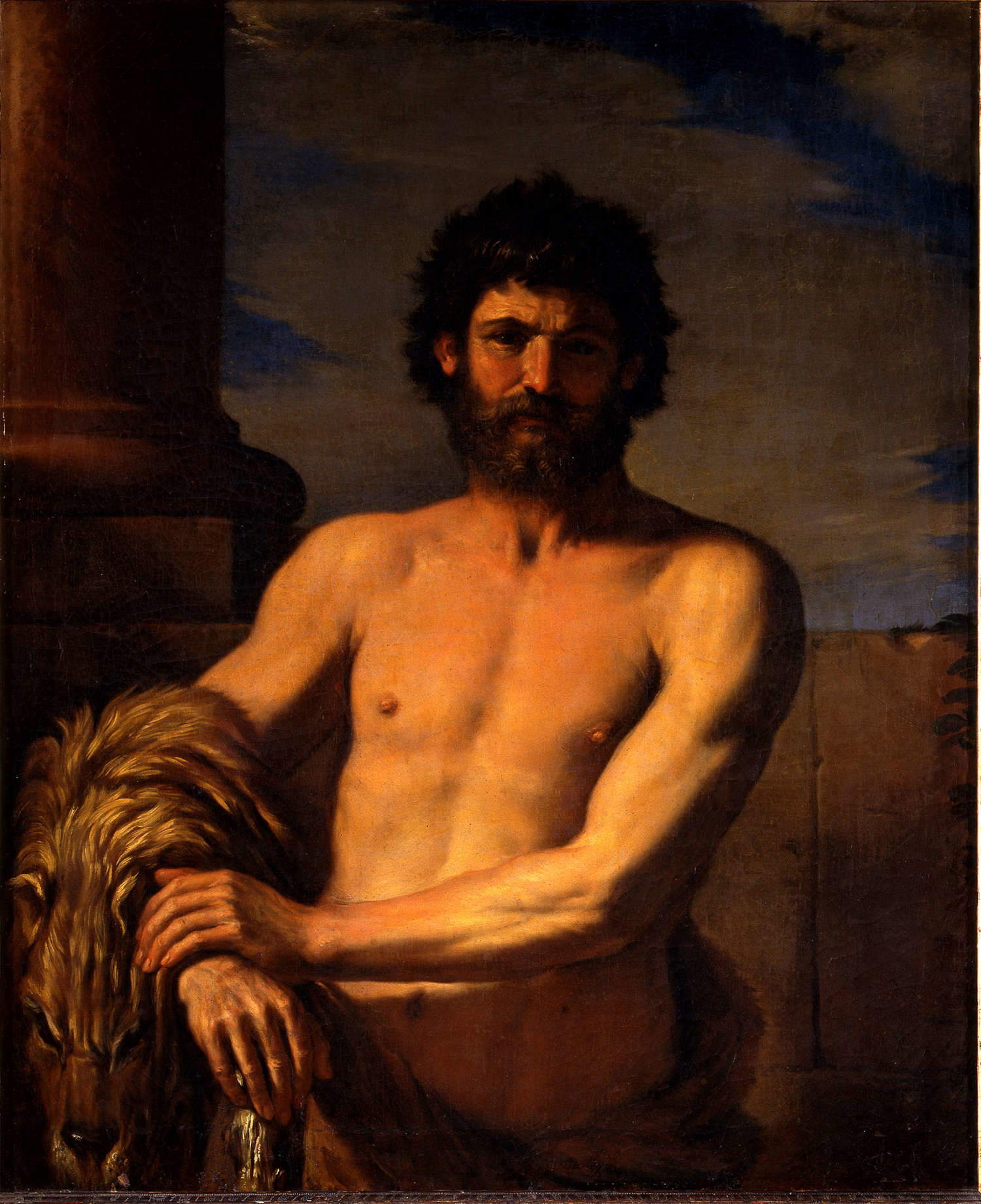 Guercino, Herkules mit der Keule und dem Löwenfell (1645; Öl auf Leinwand, 127 x 105 cm; Cerreto Guidi, Villa Medicea di Cerreto Guidi und Historisches Museum der Jagd und des Territoriums). Fotografisches Archiv der Städtischen Kunstgalerie Guercino, Cento Guercino, Herkules mit der Keule und dem Löwenfell (1645; Öl auf Leinwand, 127 x 105 cm; Cerreto Guidi, Villa Medicea di Cerreto Guidi und Historisches Museum der Jagd und des Territoriums). Fotografisches Archiv der Städtischen Kunstgalerie Guercino, Cento