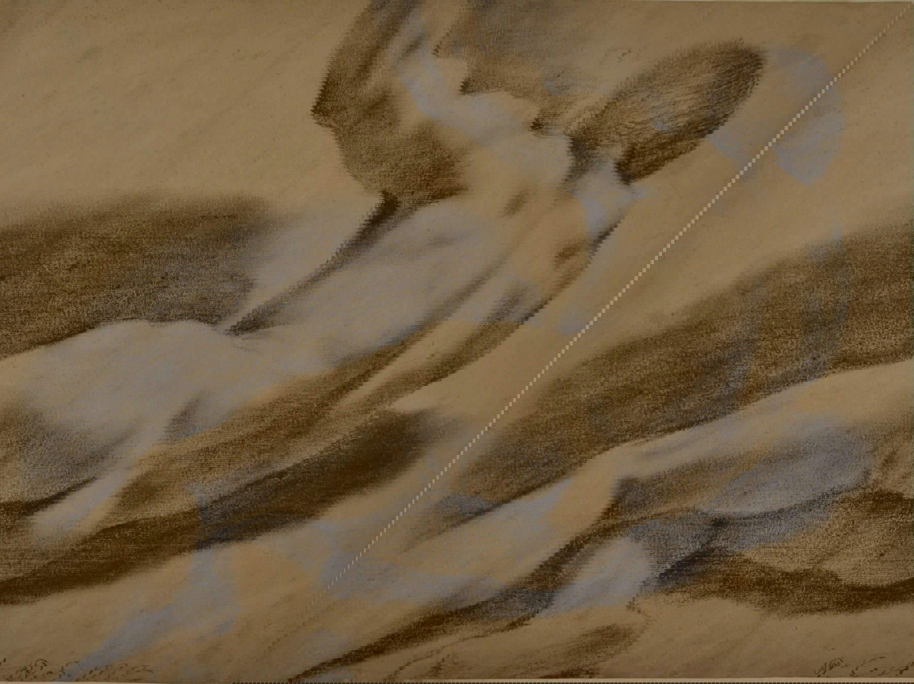 Guercino, Nudo virile di spalle sdraiato a terra fianco destro con braccio sinistroalzato (1616-1618 um; Kohle in Öl auf hellbeigem Papier, 352 x 468 mm; Bologna, Pinacoteca Nazionale - Gabinetto Disegni e Stampe). Mit einer Konzession des Kulturministeriums - Nationale Museen von Bologna Guercino, Nudo virile di spalle sdraiato a terra fianco destro con braccio sinistroalzato (1616-1618 um; Kohle in Öl auf hellbeigem Papier, 352 x 468 mm; Bologna, Pinacoteca Nazionale - Gabinetto Disegni e Stampe). Mit einer Konzession des Kulturministeriums - Nationale Museen von Bologna