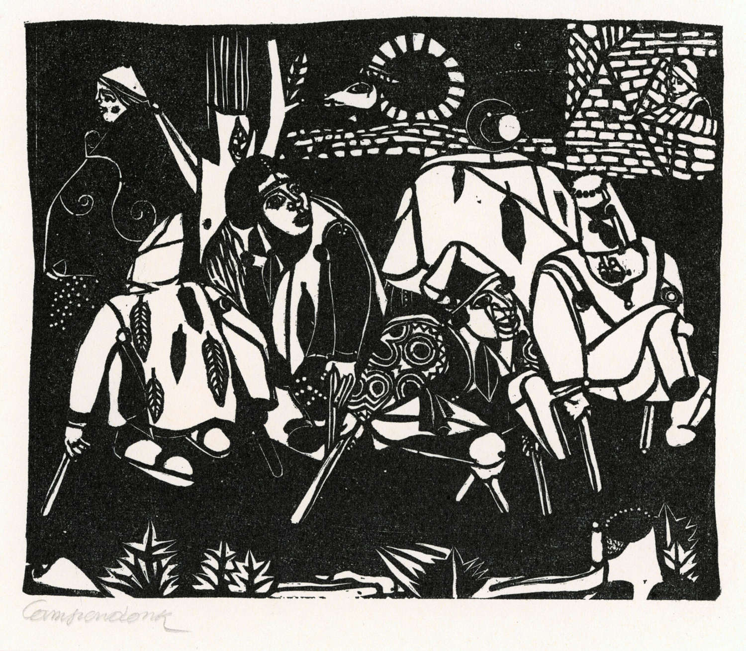 Heinrich Campendonk, Los mendigos (según Bruegel) (1922; xilografía sobre papel, 14,3 × 17,2 cm; Colección Werner Coninx, en préstamo permanente en el Museo Municipal de Arte Moderno de Ascona) © 2024, ProLitteris, Zúrich Heinrich Campendonk, Los mendigos (según Bruegel) (1922; xilografía sobre papel, 14,3 × 17,2 cm; Colección Werner Coninx, en préstamo permanente en el Museo Municipal de Arte Moderno de Ascona) © 2024, ProLitteris, Zúrich