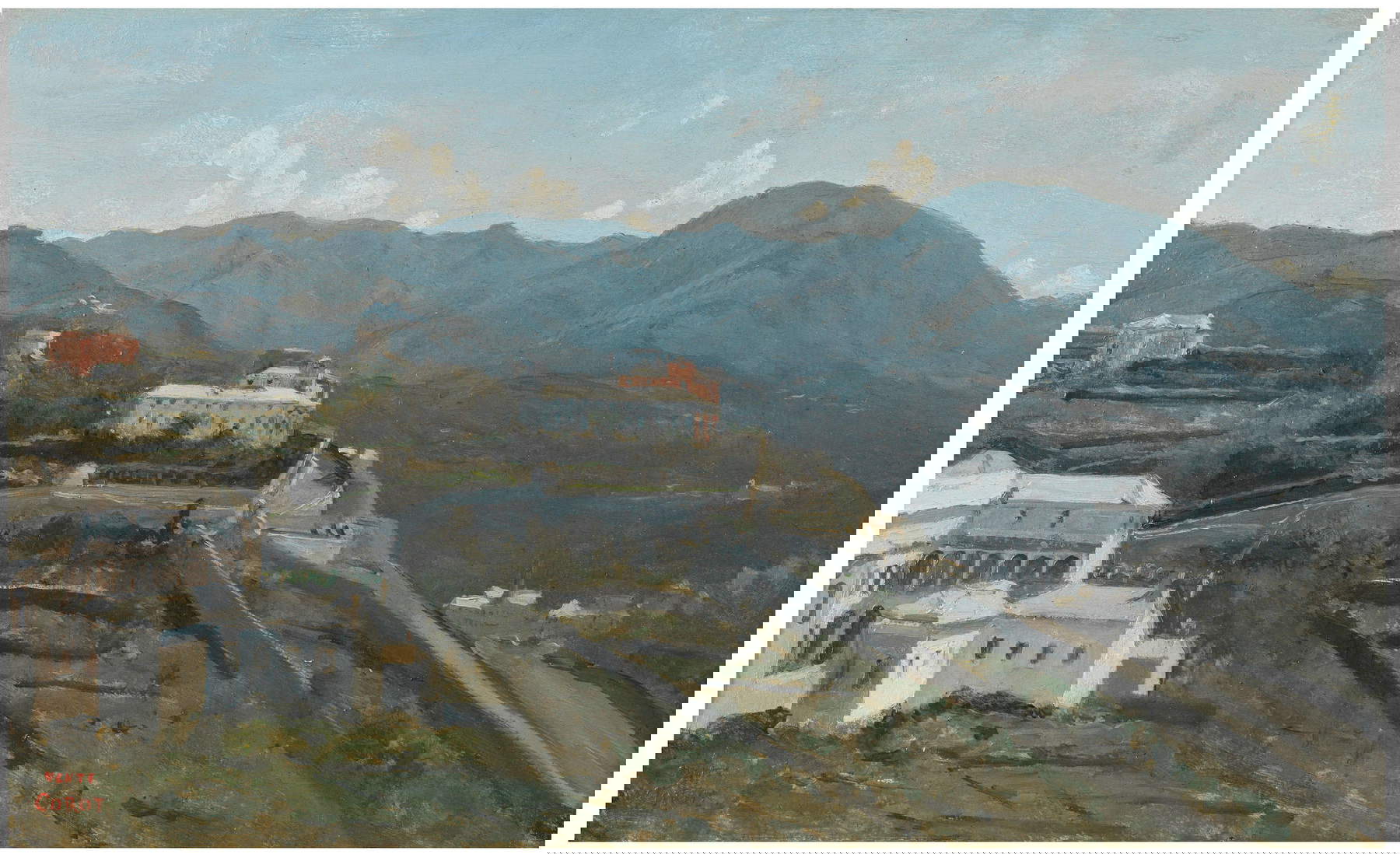 Jean-Baptiste-Camille Corot, G&ecirc;nes. Un bout de la ville et les Apennins (oil on paper applied to canvas, 24.5 x 40 cm)