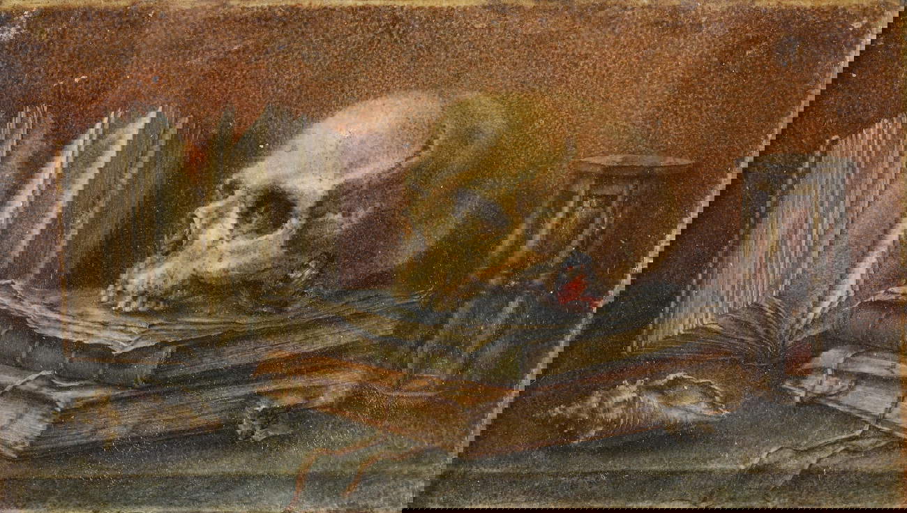 Jean François de La Motte, Vanitas con libros, reloj de arena, mariposa y concha (acuarela sobre pergamino; 161 x 92 mm)
