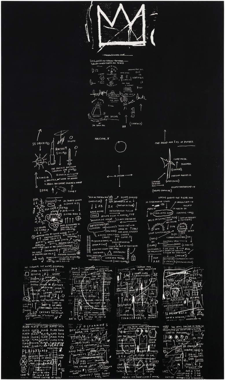 Jean-Michel Basquiat, Tuxedo (1982; silkscreen on canvas, edition of 10, 260 x 152.4 cm) © The Estate of Jean-Michel Basquiat. Licensed by Artestar, New York. Photo: Fredrik Nilsen Jean-Michel Basquiat, Tuxedo (1982; silkscreen on canvas, edition of 10, 260 x 152.4 cm) © The Estate of Jean-Michel Basquiat. Licensed by Artestar, New York. Photo: Fredrik Nilsen