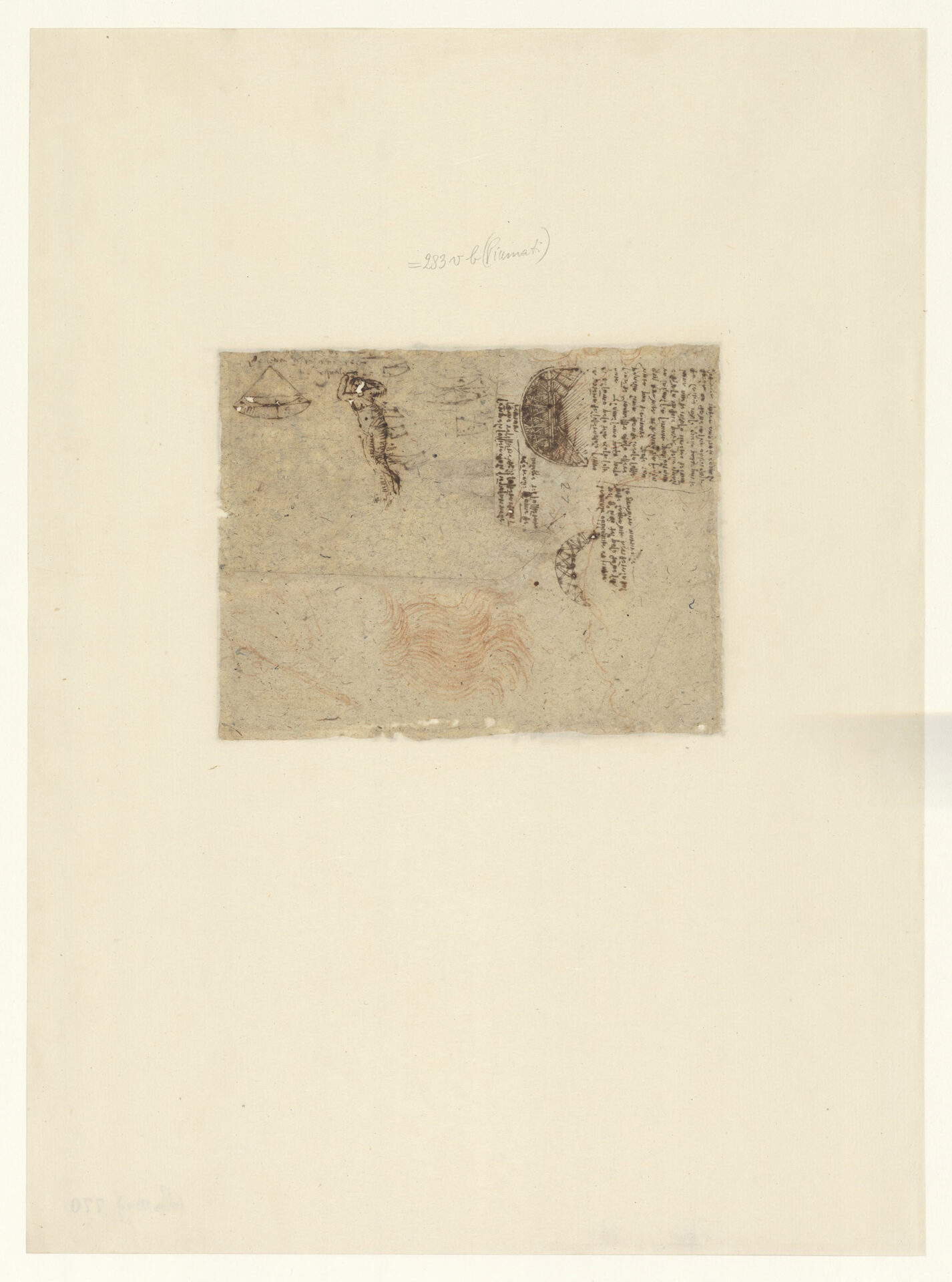 Leonardo da Vinci, Codice Atlantico (Codex Atlanticus), foglio 770 verso, Centine e capriate con osservazioni circa il modo di collocare i sostentacoli; in alto a destra, figura della statua di Arianna attualmente in Vaticano (Milano; Veneranda Biblioteca Ambrosiana)