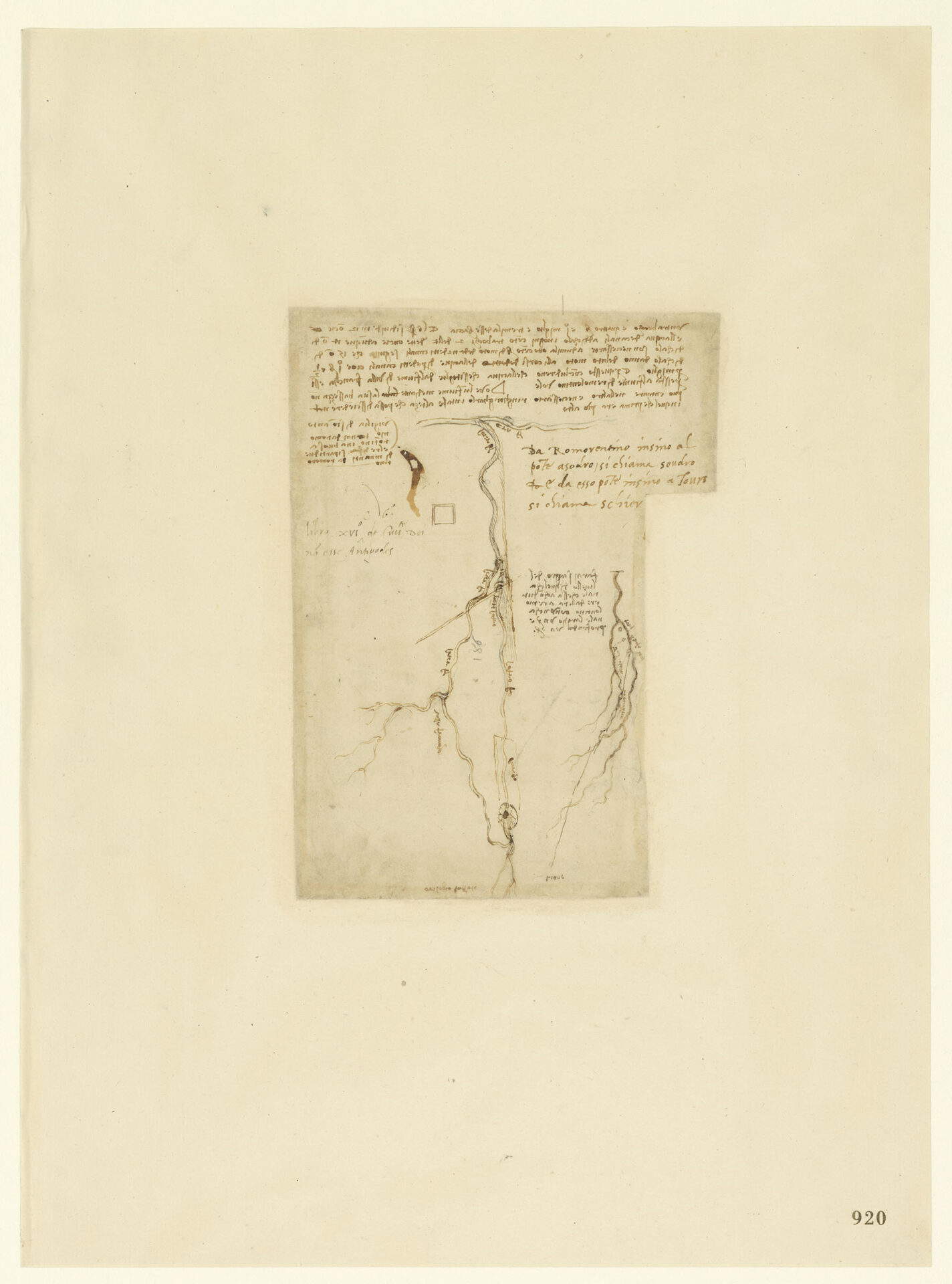 Leonardo da Vinci, Codice Atlantico (Codex Atlanticus), foglio 920 recto, Carta geografica concernente l'idrografia della zona di Romorantin, in Francia; sono citati i fiumi Loire, Cher e Soudre e le localit&agrave; di Montrichard, Romorantin, Villefranche, Tours, Amboise e Blois; in alto, nota incompleta circa la lunghezza dei corsi d'acqua e il loro dislivello (per la riorganizzazione del regime delle acque della zona) (Milano; Veneranda Biblioteca Ambrosiana)