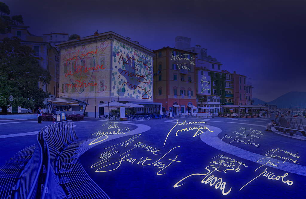 An installation in Lerici projects giant drawings of children onto the main square