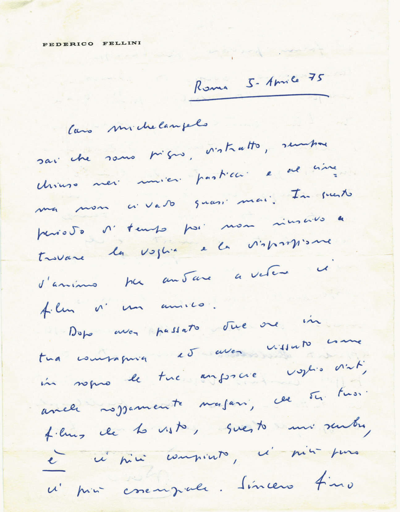 Brief von Federico Fellini an Michelangelo Antonioni, 5. April 1975 Brief von Federico Fellini an Michelangelo Antonioni, 5. April 1975