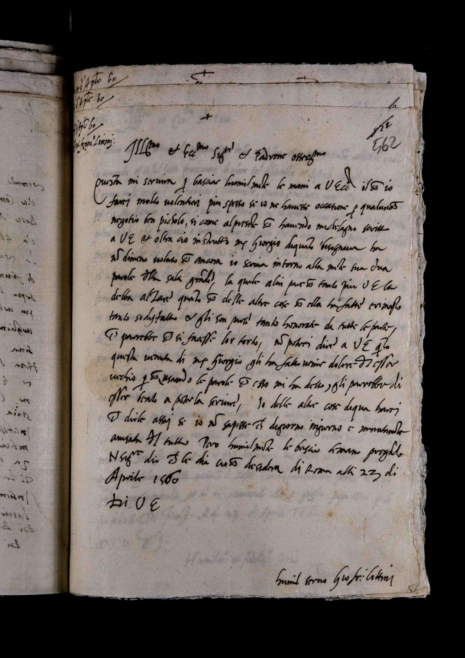 Carta de Giovan Francesco Lottini a Cosme I (23 de abril de 1560; Florencia, Archivo Estatal de Florencia, 484, c. 562r) Carta de Giovan Francesco Lottini a Cosme I (23 de abril de 1560; Florencia, Archivo Estatal de Florencia, 484, c. 562r)