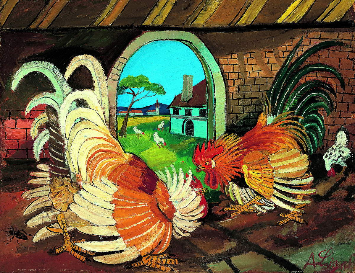 Antonio Ligabue, Lotta di galli (1954; olio su faesite, 56 x 72 cm)