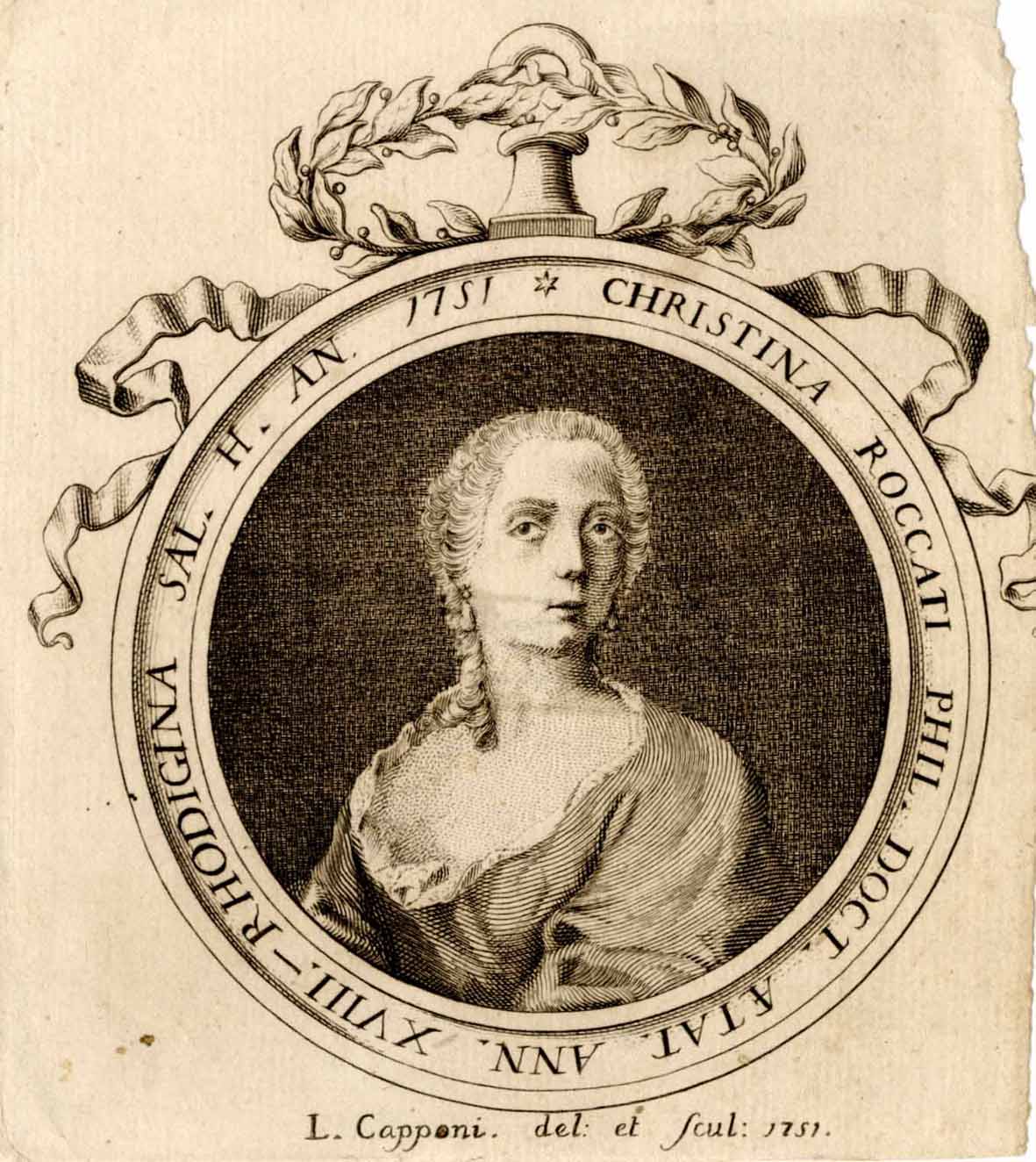 Lorenzo Capponi, Retrato de Cristina Roccati (1751; grabado; Rovigo, Accademia dei Concordi) Lorenzo Capponi, Retrato de Cristina Roccati (1751; grabado; Rovigo, Accademia dei Concordi)