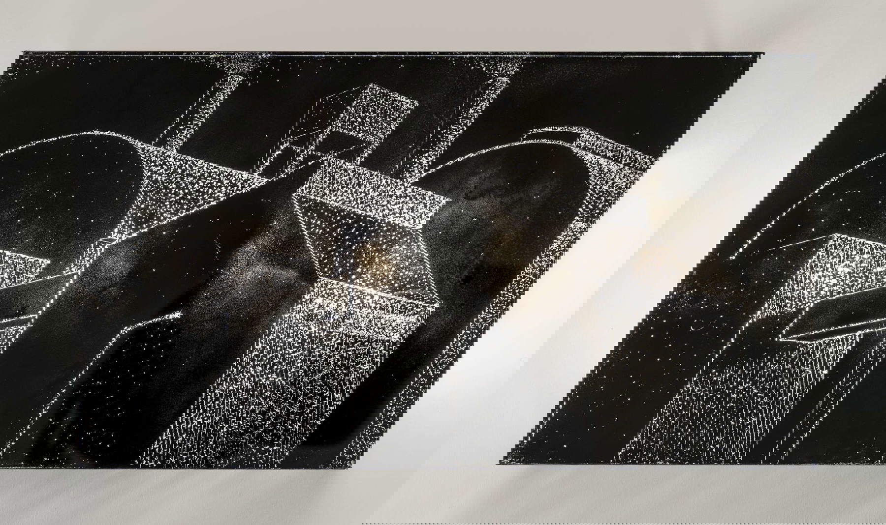 Luca Pancrazzi, Announced landscape, post-industrial, illuminated (2023; fumage on glass). Courtesy of the artist Luca Pancrazzi, Announced landscape, post-industrial, illuminated (2023; fumage on glass). Courtesy of the artist