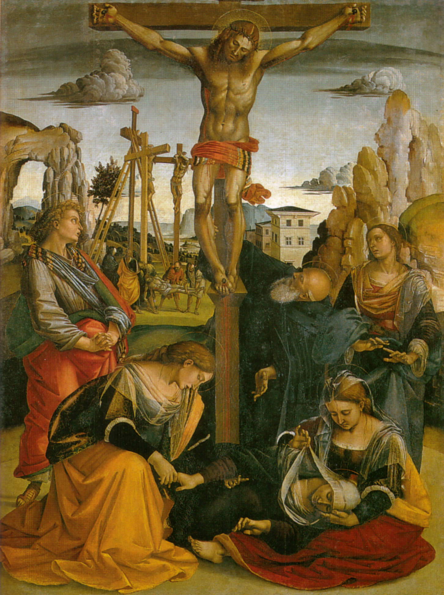Luca Signorelli, Stendardo della Crocifissione, recto (vers 1502-1505 ; tempera sur toile, 212 x 157 cm ; Sansepolcro, église de Sant'Antonio Abate) Luca Signorelli, Stendardo della Crocifissione, recto (vers 1502-1505 ; tempera sur toile, 212 x 157 cm ; Sansepolcro, église de Sant'Antonio Abate)