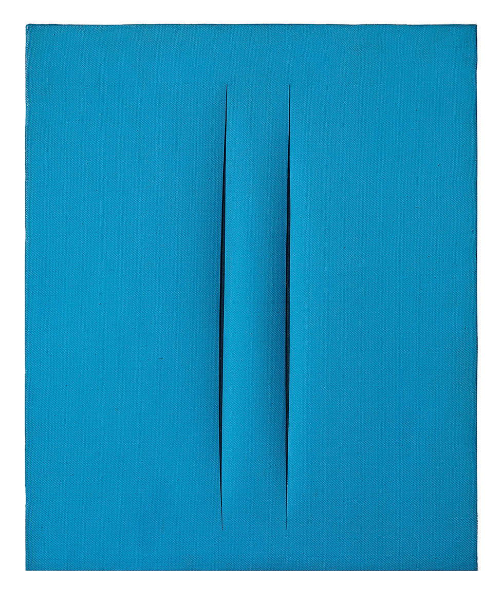 Lucio Fontana, Räumliches Konzept. Waiting (1965; Wasserfarbe auf Leinwand, 100 x 81 cm; Paris, Tornabuoni Arte) Lucio Fontana, Räumliches Konzept. Waiting (1965; Wasserfarbe auf Leinwand, 100 x 81 cm; Paris, Tornabuoni Arte)