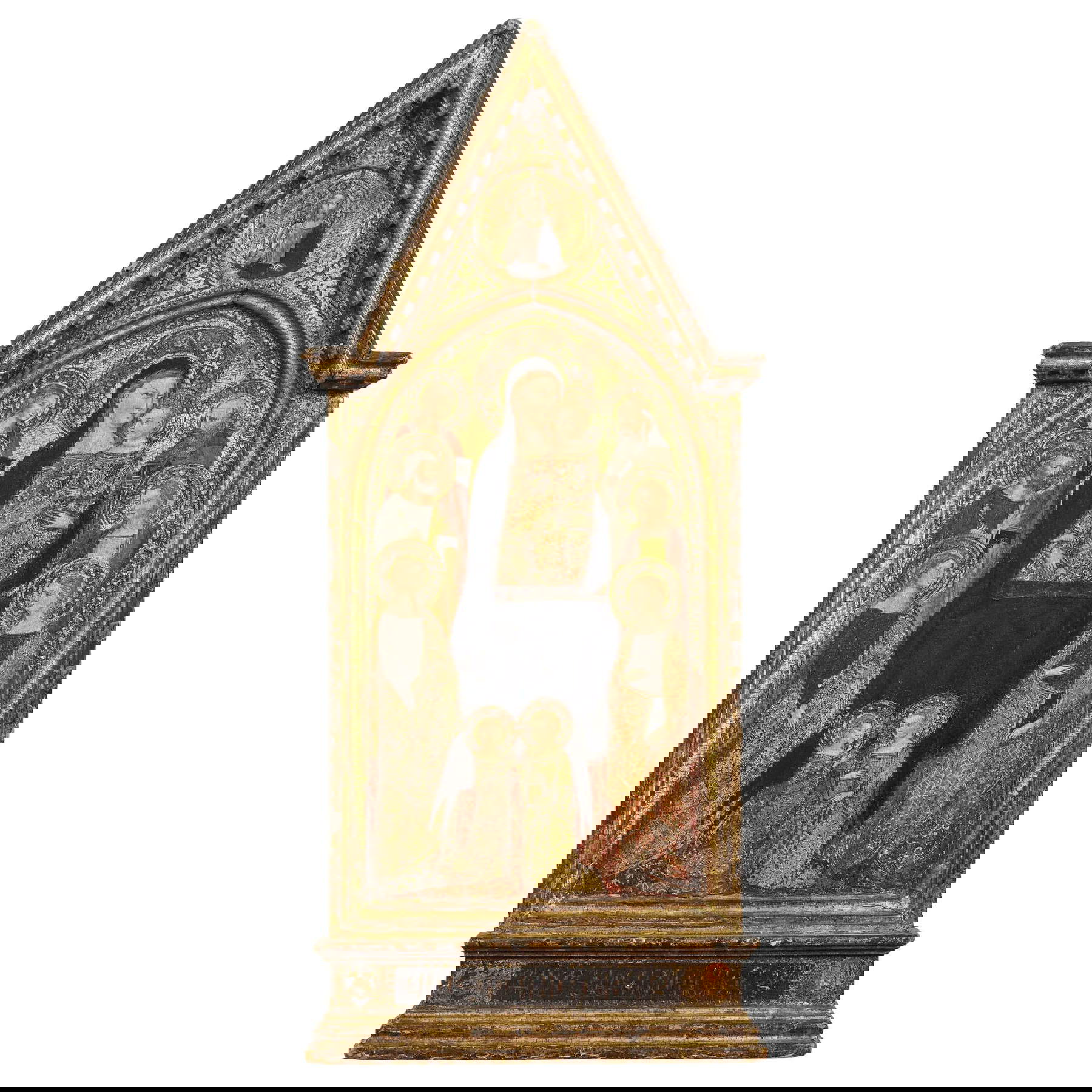 Maestro della Madonna Lazzaroni, Vierge à l'enfant, saints et anges (tempera et or sur panneau cuspidé, 69,5 x 30 cm). Estimation : &euro; 15,000/25,000