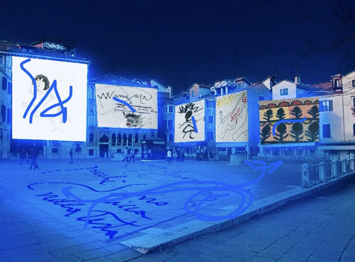 An installation in Lerici projects giant drawings of children onto the main square