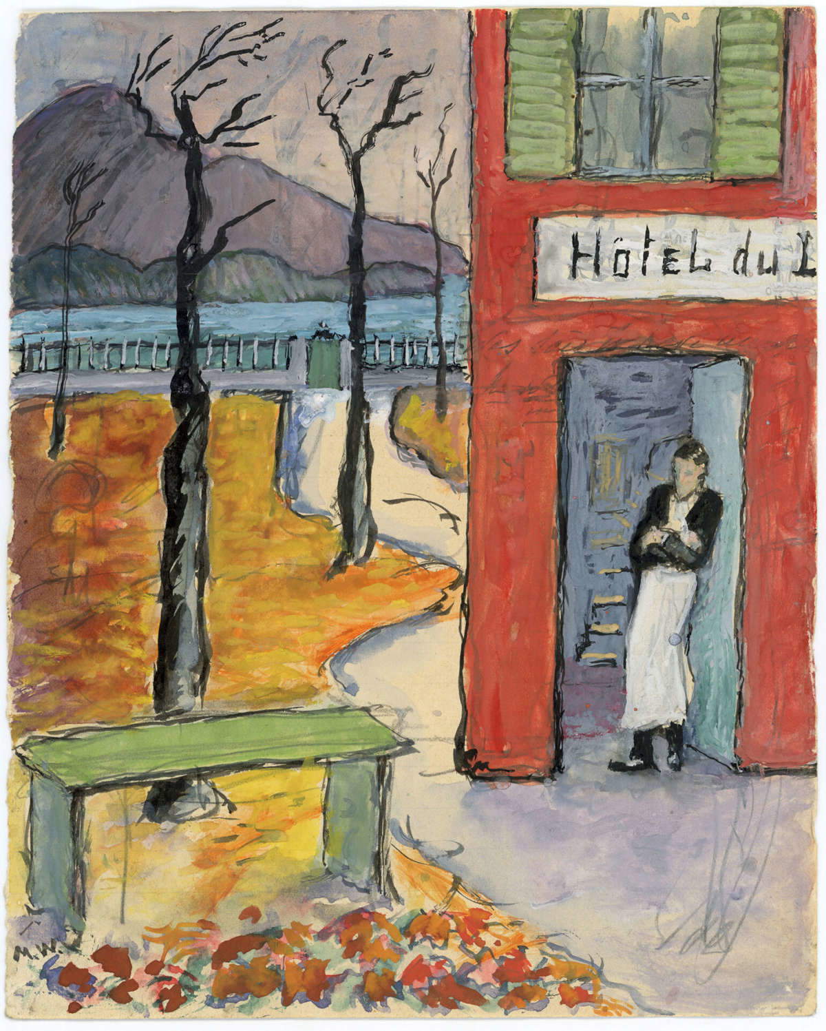 Marianne Werefkin, H&ocirc;tel du L[ac] (1920; tinta china y témpera sobre papel pautado, 21,8 &times; 17,5 cm; Colección Werner Coninx, en préstamo permanente en el Museo Comunale d'Arte Moderna Ascona)