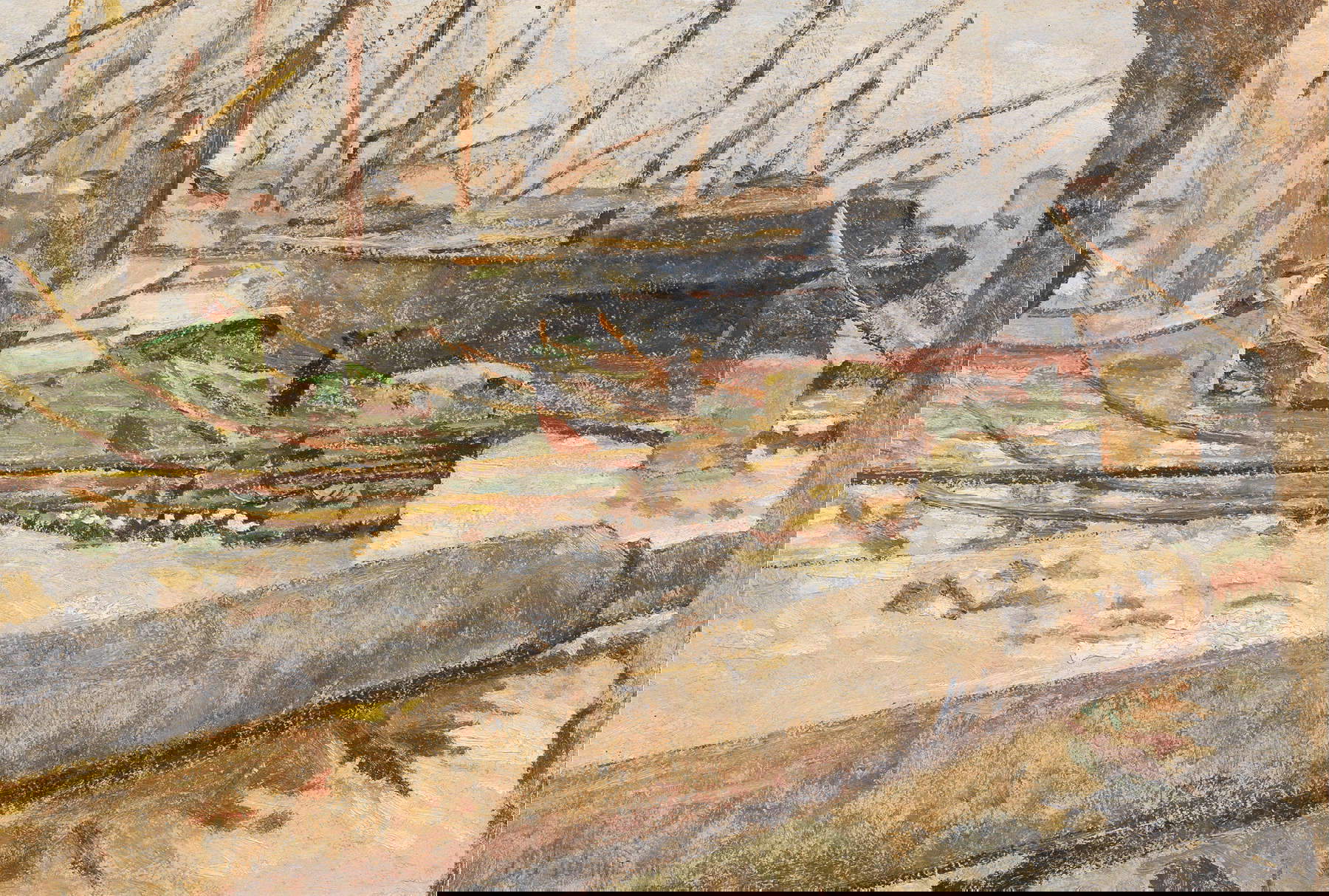 Mario Puccini, Bateaux au quai (huile sur carton, 26 x 38 cm) signé et daté