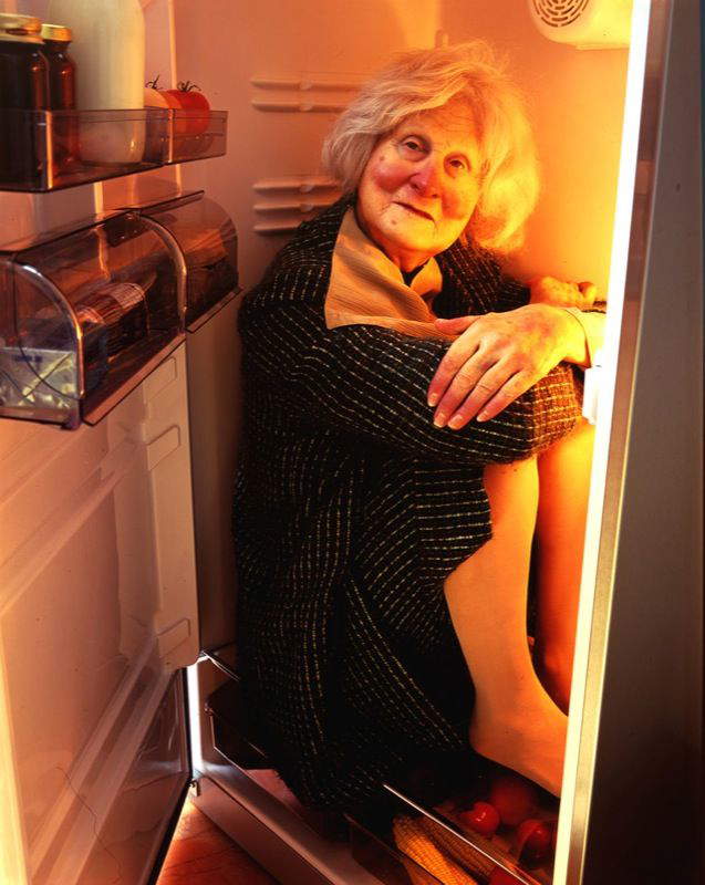 Maurizio Cattelan, Betsy (2003; Wachs, Harz, Naturhaar, Kleidung, Kühlschrank, 188 x 75 x 66 cm). Foto: Perrotin Maurizio Cattelan, Betsy (2003; Wachs, Harz, Naturhaar, Kleidung, Kühlschrank, 188 x 75 x 66 cm). Foto: Perrotin