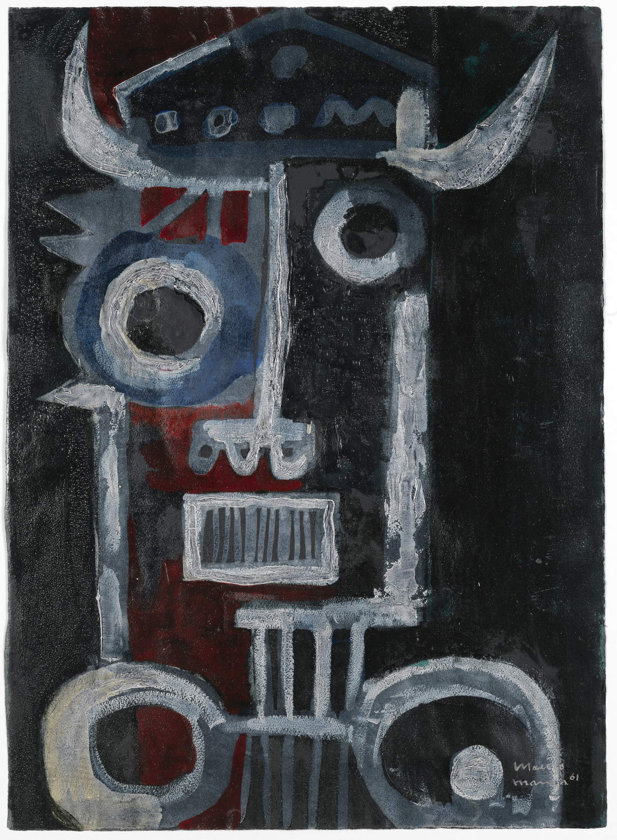 Mauro Manca, Guerrero (1961; técnica mixta sobre papel, 69 x 50,5 cm; Colección de la Fundación de Cerdeña)