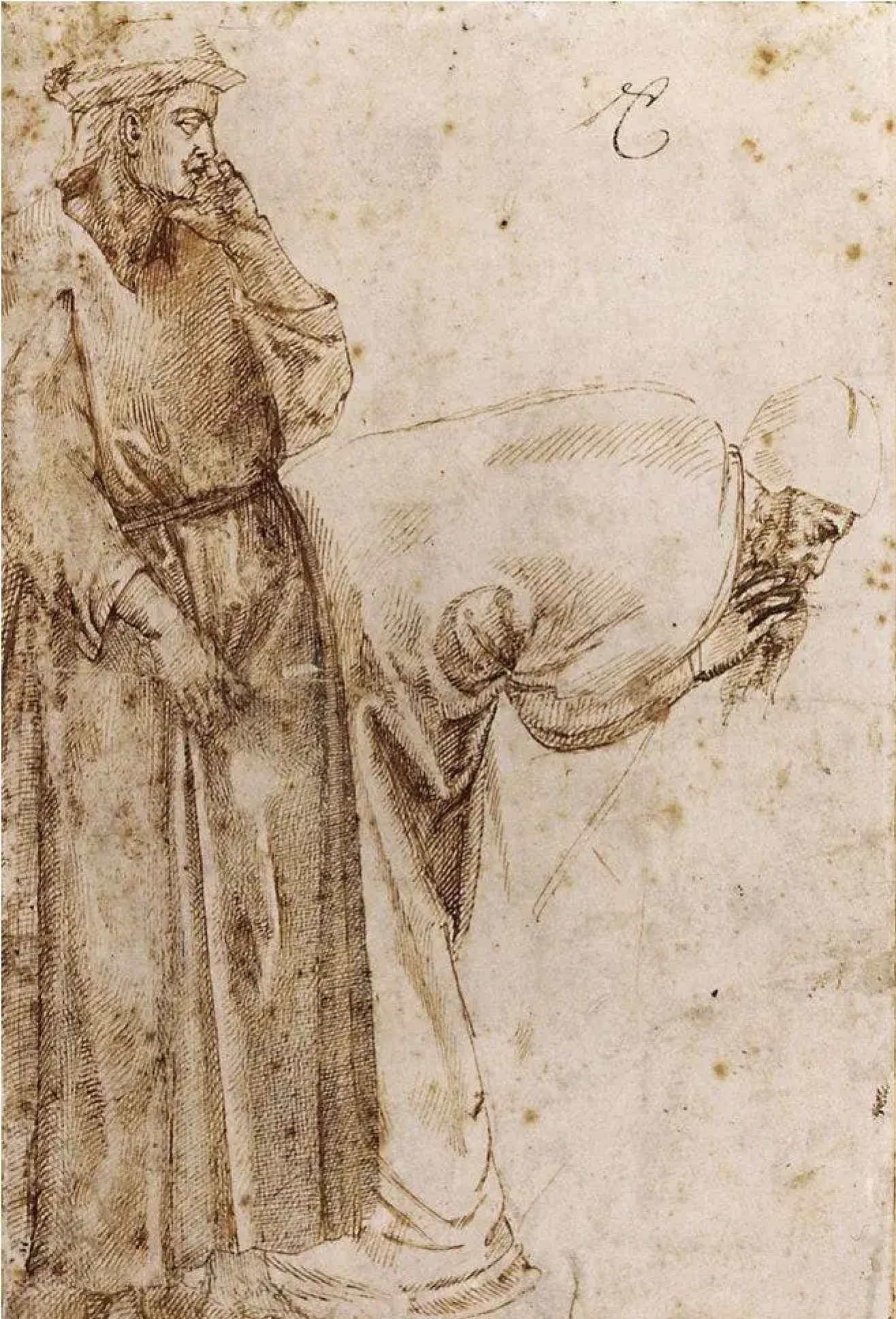 Michel-Ange, Étude de deux figures de Giotto (1490-1492 ; plume et encre brune sur calque préparatoire au stylet, traces d'encadrement à la plume et à l'encre brune, 315 x 230 mm ; Paris, Louvre, Cabinet des Dessins, inv. 706) Michel-Ange, Étude de deux figures de Giotto (1490-1492 ; plume et encre brune sur calque préparatoire au stylet, traces d'encadrement à la plume et à l'encre brune, 315 x 230 mm ; Paris, Louvre, Cabinet des Dessins, inv. 706)
