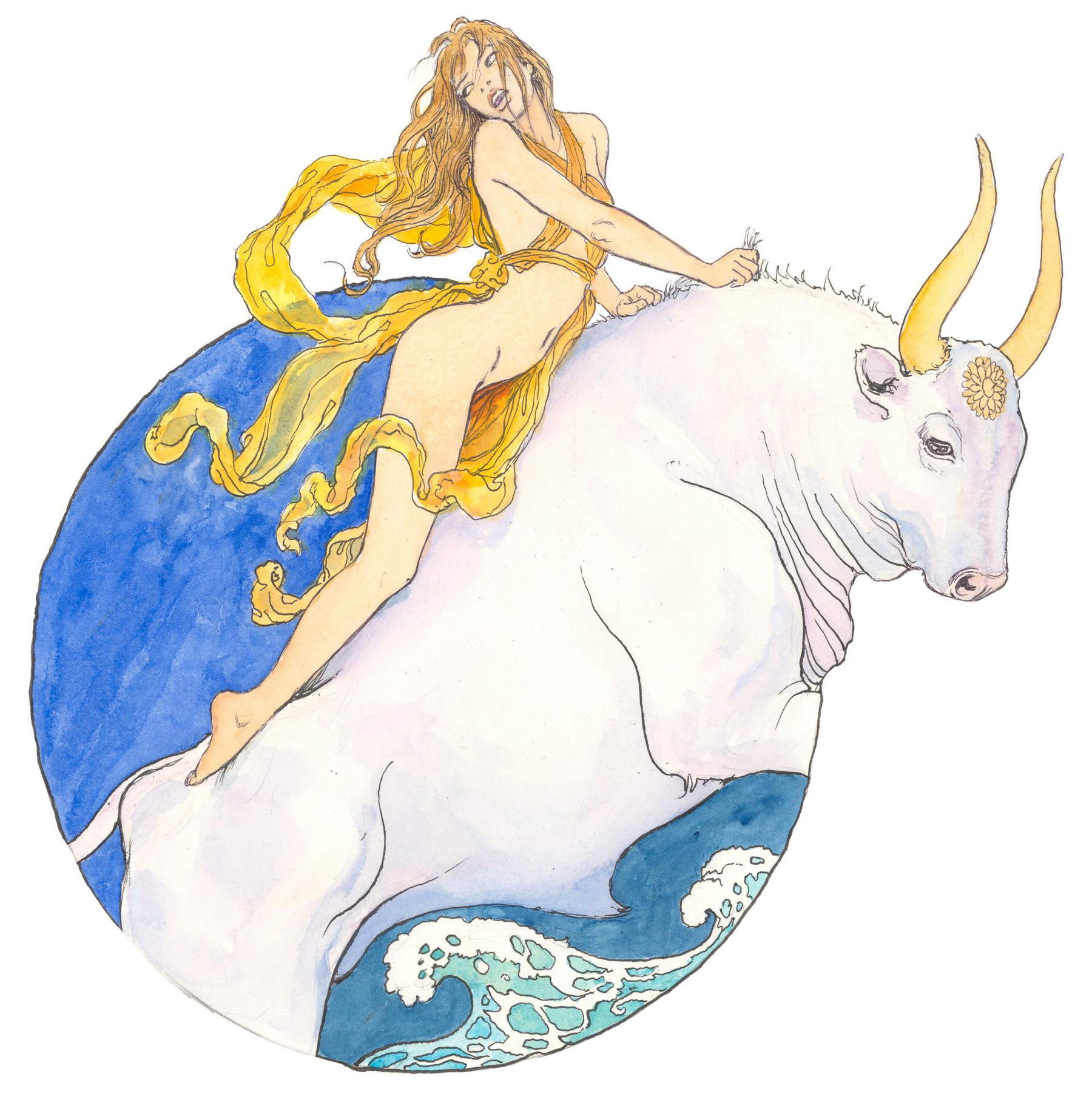 Milo Manara, Europa e il toro (2023; acquerello su carta) Milo Manara, Europa e il toro (2023; acquerello su carta)