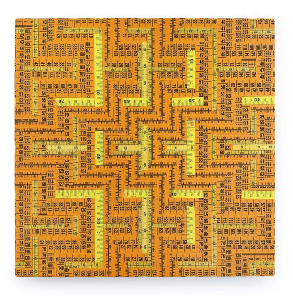 Mimmo Iacopino, Untitled (2024; mixed media, bindella meters and tailors' meters on canvas on wood, 40 x 40 cm) Courtesy Galleria Melesi, Lecco © Mimmo Iacopino