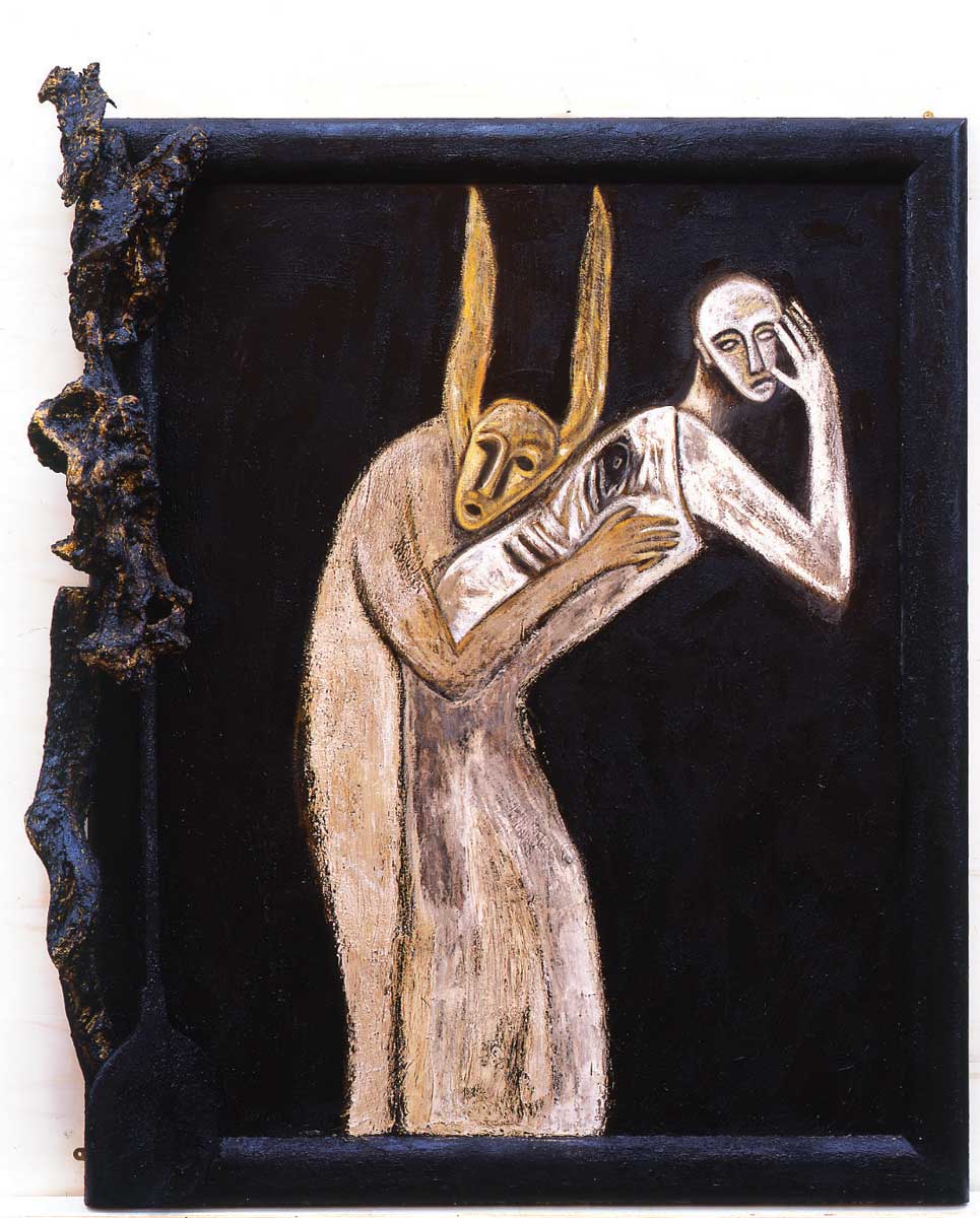 Mimmo Paladino, The Virtue of the Baker in a Carriage (1983; oil on canvas, carved and painted wooden frame, 183.3 x 223.5 cm; Fondazione per l'Arte Moderna e Contemporanea CRT, on loan from Castello di Rivoli Museo d'Arte Contemporanea, Rivoli-Turin) Mimmo Paladino, The Virtue of the Baker in a Carriage (1983; oil on canvas, carved and painted wooden frame, 183.3 x 223.5 cm; Fondazione per l'Arte Moderna e Contemporanea CRT, on loan from Castello di Rivoli Museo d'Arte Contemporanea, Rivoli-Turin)