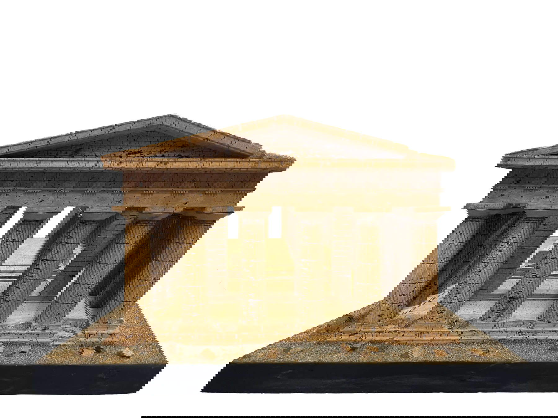 Model of the so-called Temple of Neptune in Paestum, first half of the 19th century, cork, wood and plant fibers, Castello di Agli&egrave;.