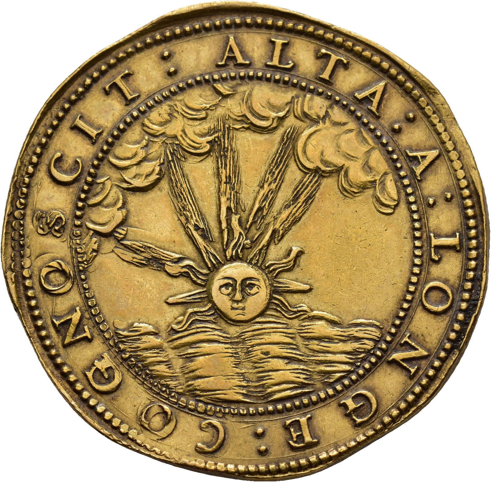 12 Scudi d'oro, della reggenza di Isabella Clara d'Austria per Ferdinando Carlo Gonzaga Nevers, 1666 / rovescio: sole splendente su mare agitato e con nubi minacciose. 12 Scudi d'oro, della reggenza di Isabella Clara d'Austria per Ferdinando Carlo Gonzaga Nevers, 1666 / rovescio: sole splendente su mare agitato e con nubi minacciose.