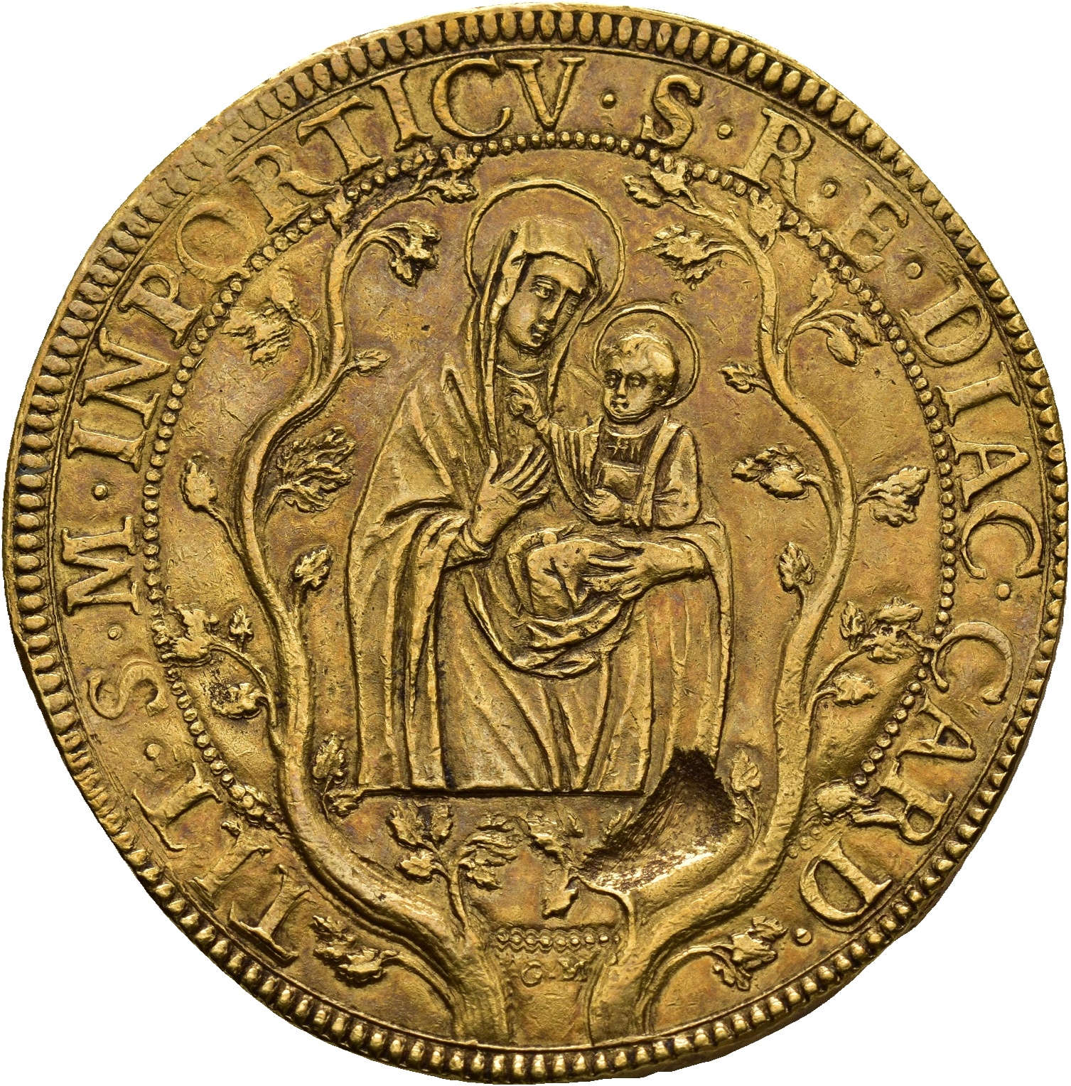 24 Scudi d'oro o 12 Doppie, di Ferdinando Gonzaga, 1614 / rovescio: icona della Madonna con il Bambino nota come Santa Maria in Portico o Santa Maria in Campitelli. 24 Scudi d'oro o 12 Doppie, di Ferdinando Gonzaga, 1614 / rovescio: icona della Madonna con il Bambino nota come Santa Maria in Portico o Santa Maria in Campitelli.