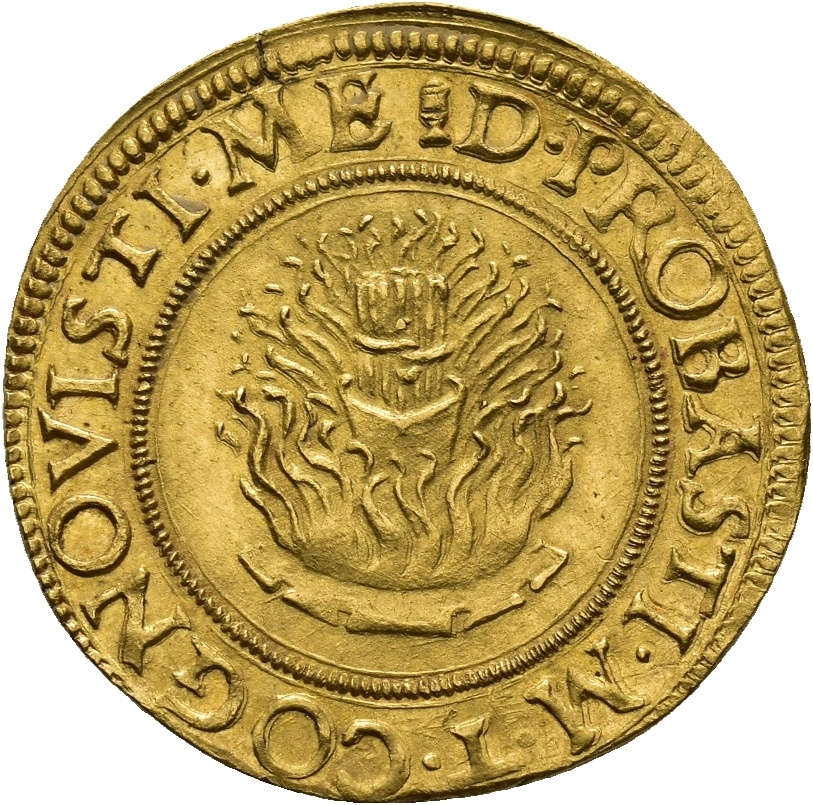 Ducato d'oro largo con il crogiuolo, di Francesco II Gonzaga, 1495-1519 / rovescio: impresa del crogiolo. Ducato d'oro largo con il crogiuolo, di Francesco II Gonzaga, 1495-1519 / rovescio: impresa del crogiolo.