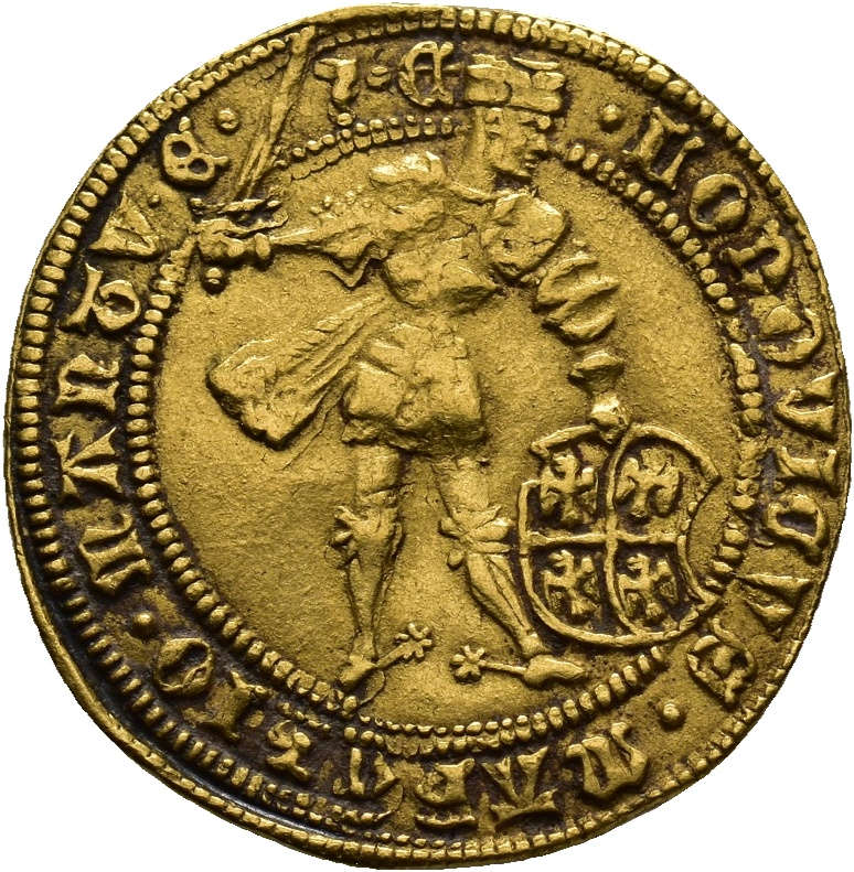 Ducato d'oro, di Ludovico II Gonzaga, 1444-1460 / foto del diritto: il marchese, armato con spada e scudo Gonzaga dalle quattro aquile Ducato d'oro, di Ludovico II Gonzaga, 1444-1460 / foto del diritto: il marchese, armato con spada e scudo Gonzaga dalle quattro aquile