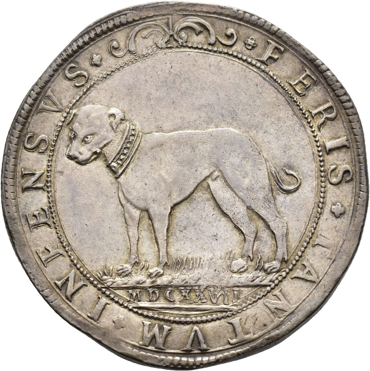 Ducatone con il cane, di Vincenzo II Gonzaga, 1627 / rovescio: alano con collare, rivolto a sinistra. Ducatone con il cane, di Vincenzo II Gonzaga, 1627 / rovescio: alano con collare, rivolto a sinistra.